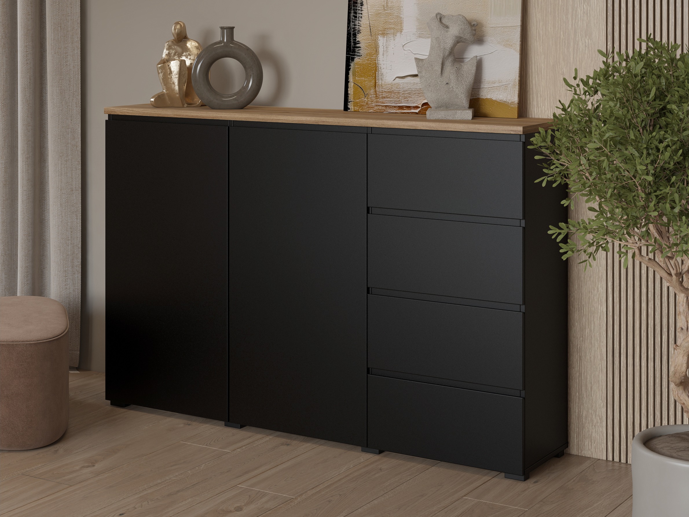 Cómoda Baletu 109 (Preto + Carvalho)