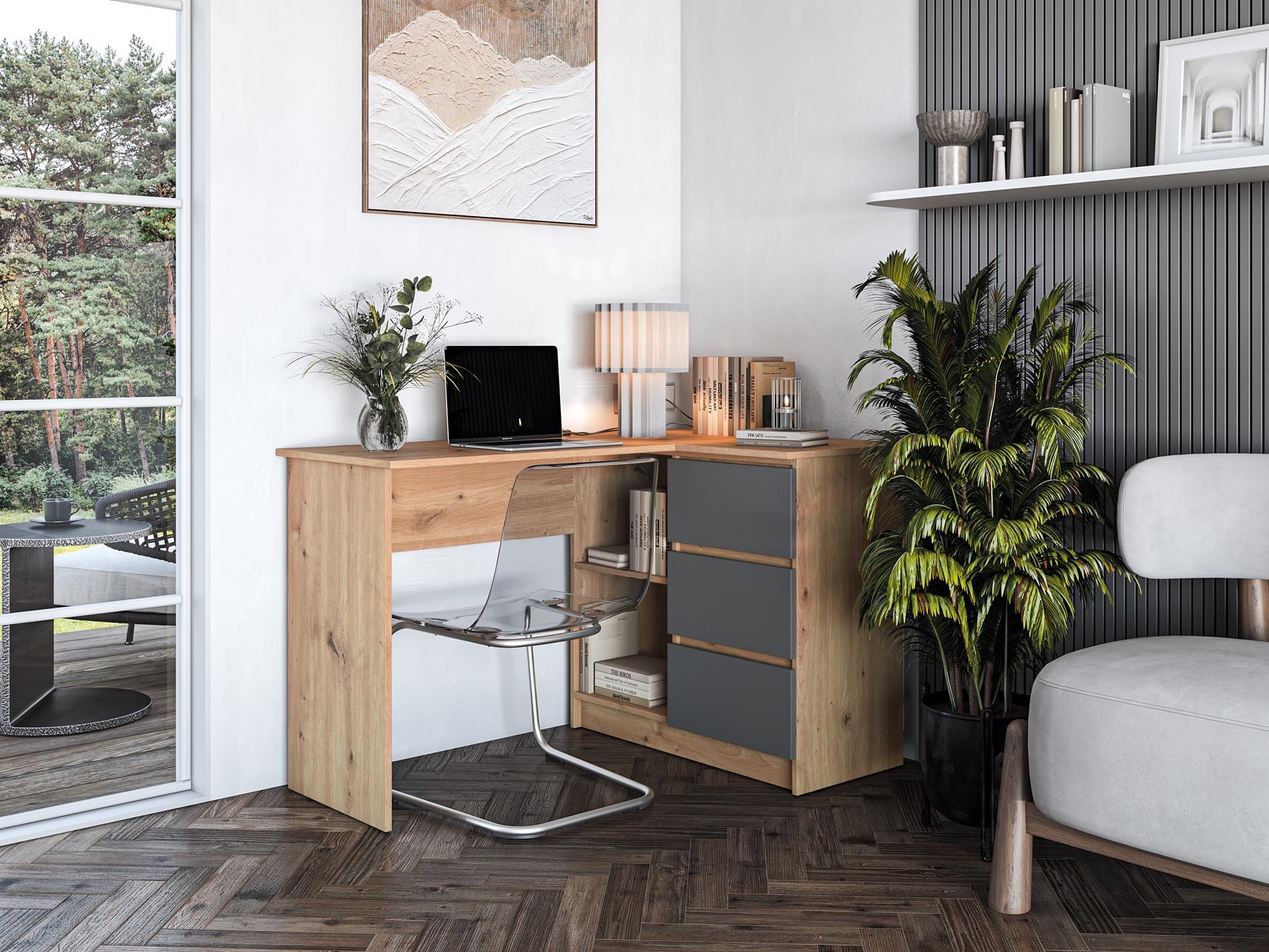 Mesa de escritório para cantos Houston 1950 (Grafite + Carvalho Artisan)