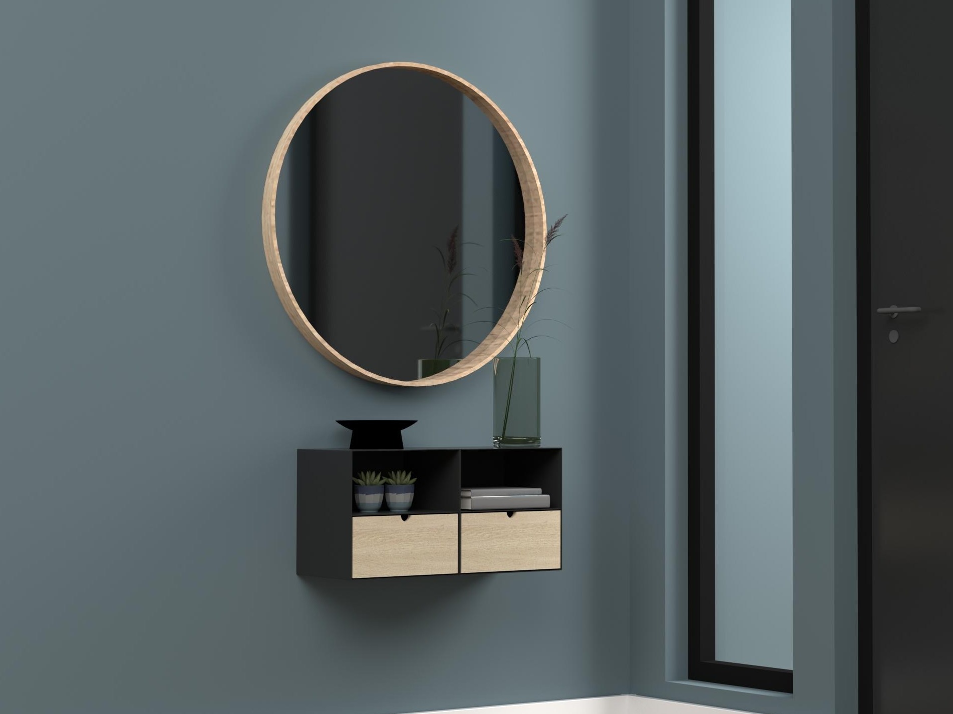 Mesa de cabeceira Norsica 375 (Preto + Madeira clara)