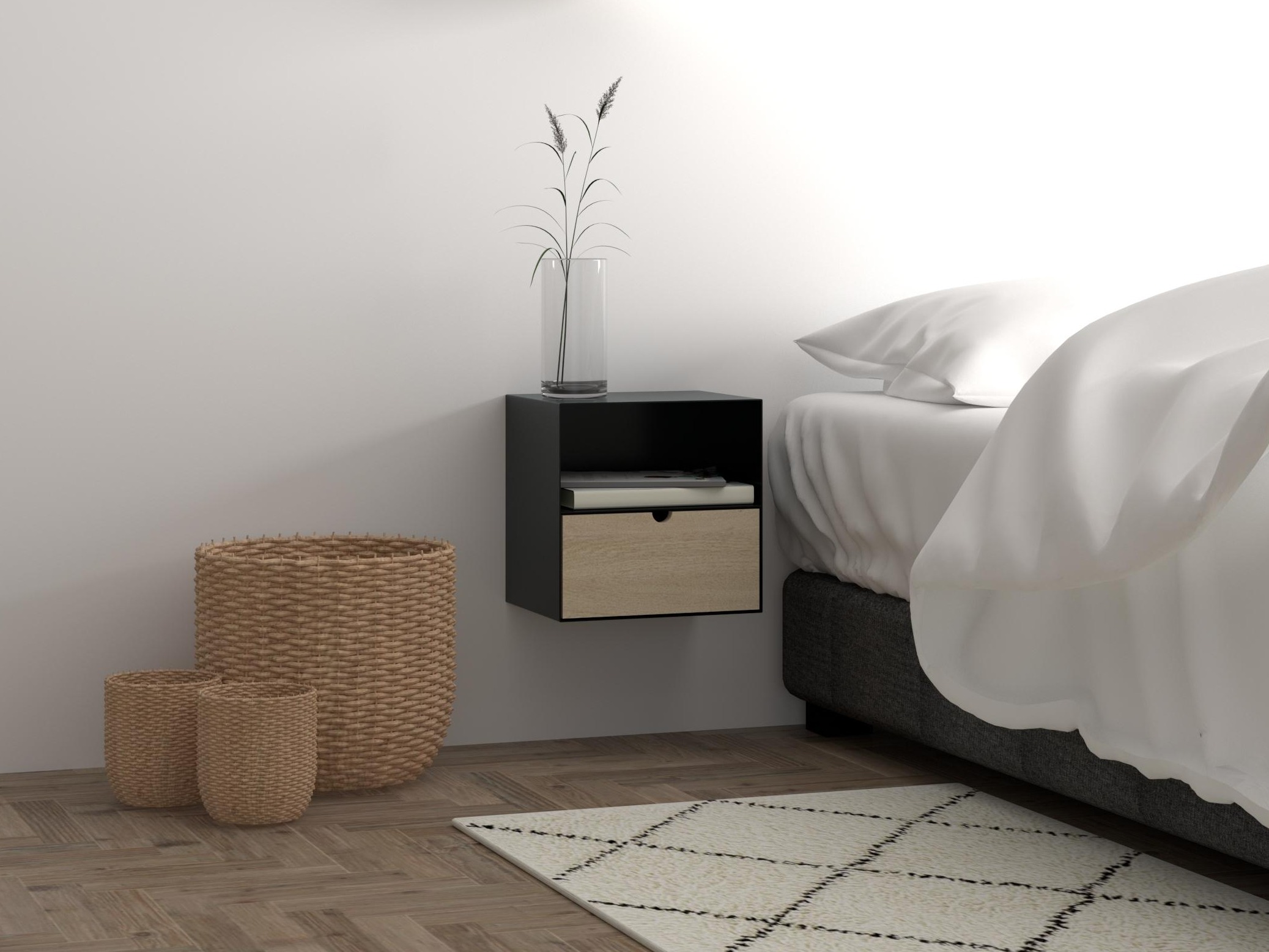 Mesa de cabeceira Norsica 375 (Preto + Madeira clara)