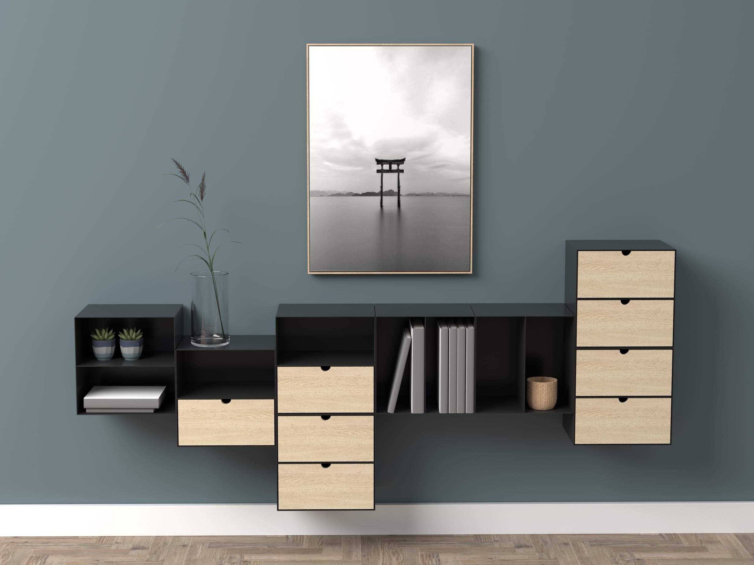 Mesa de cabeceira Norsica 375 (Preto + Madeira clara)