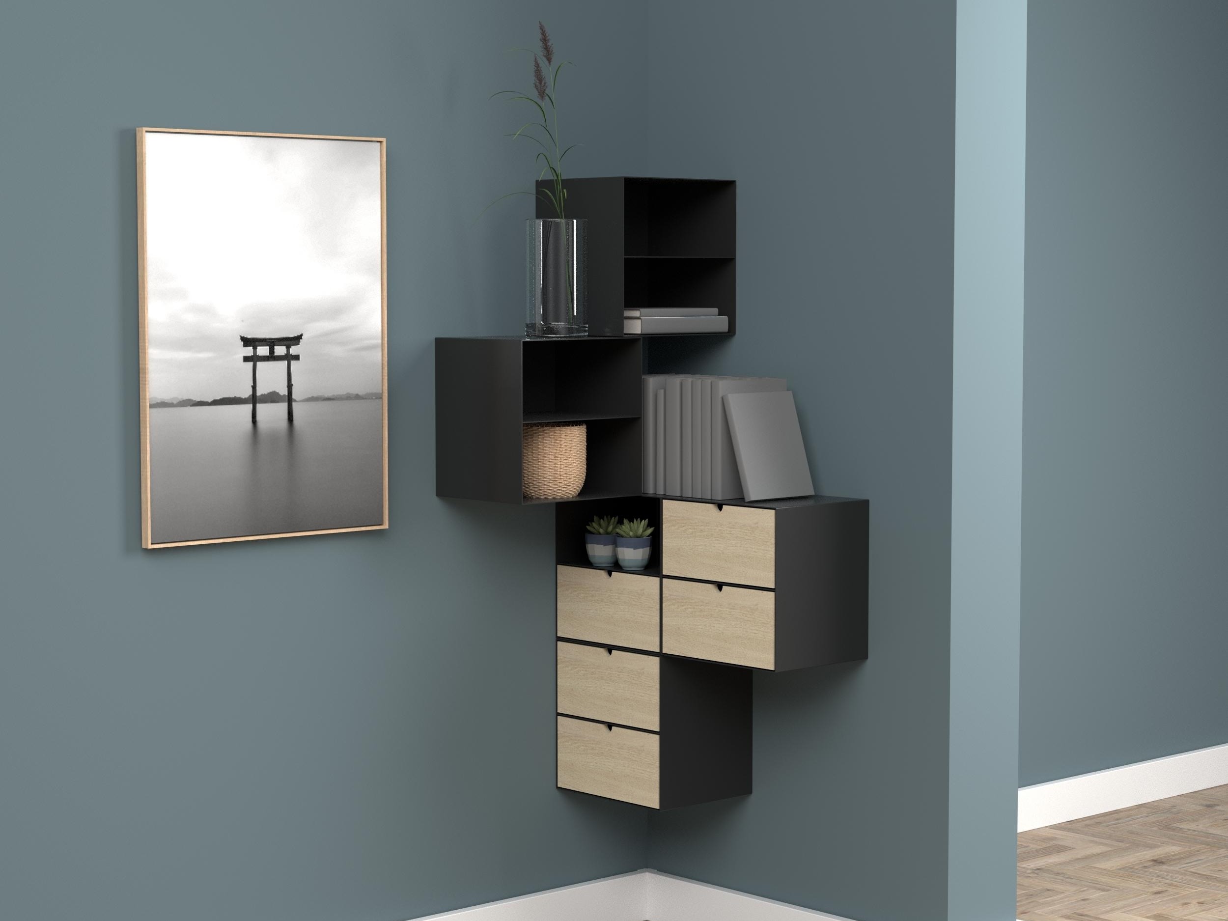 Mesa de cabeceira Norsica 375 (Preto + Madeira clara)