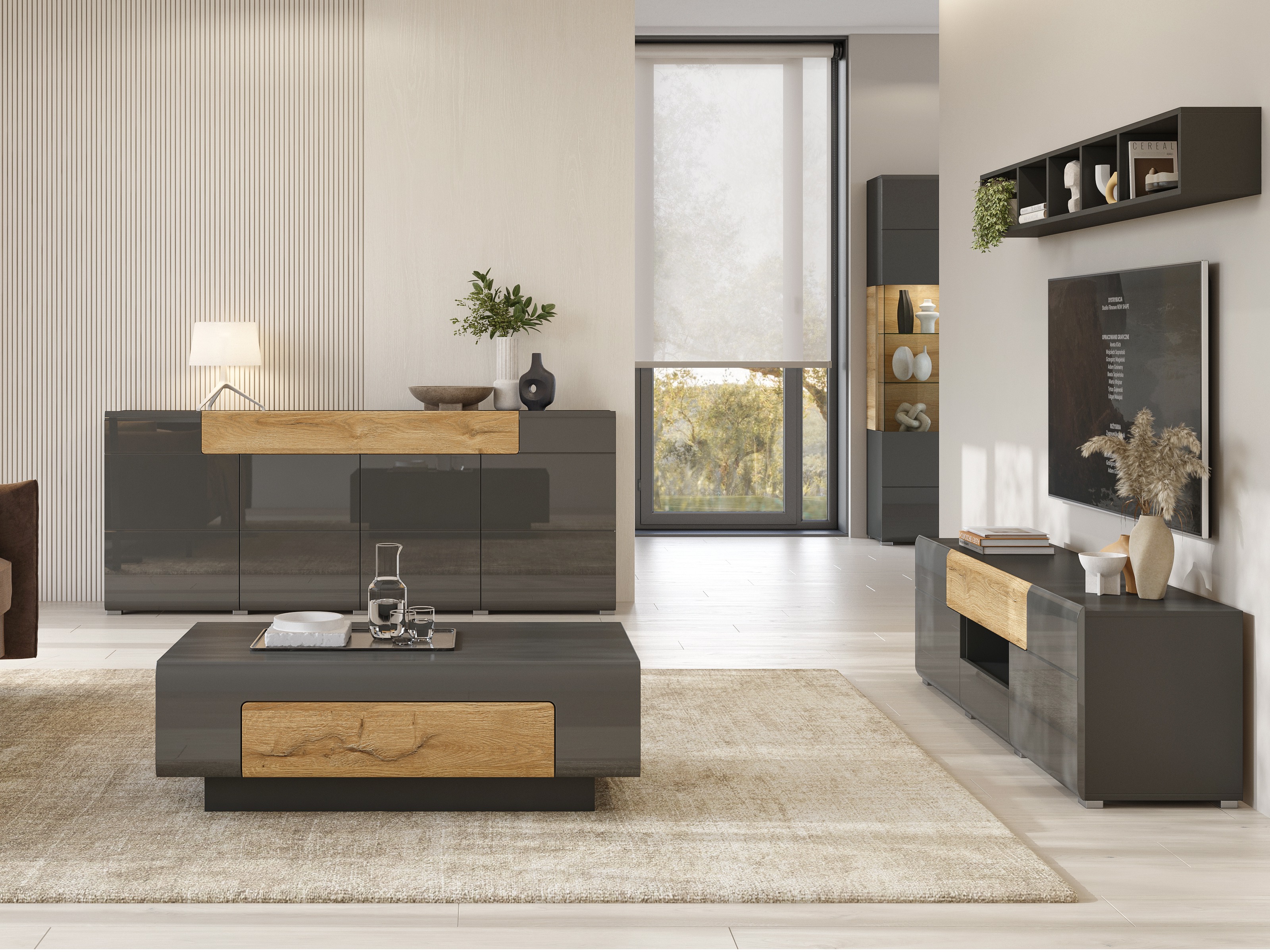 Móvel de TV Torsone 101 (Antracite + Gloss antracite + Carvalho Grandson)