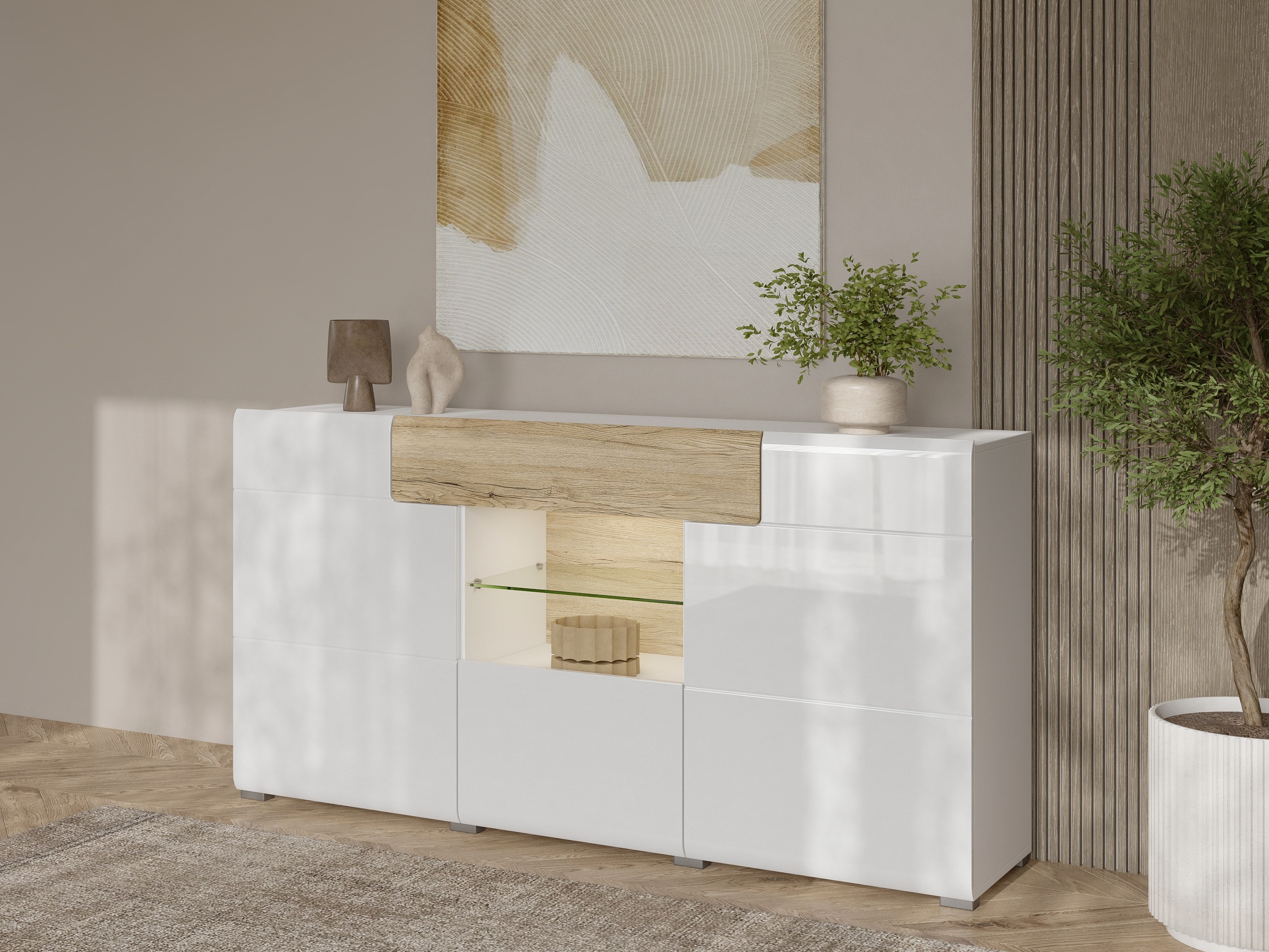 Cómoda Torsone 108 (Branco + Branco brilhante + Carvalho de san remo)