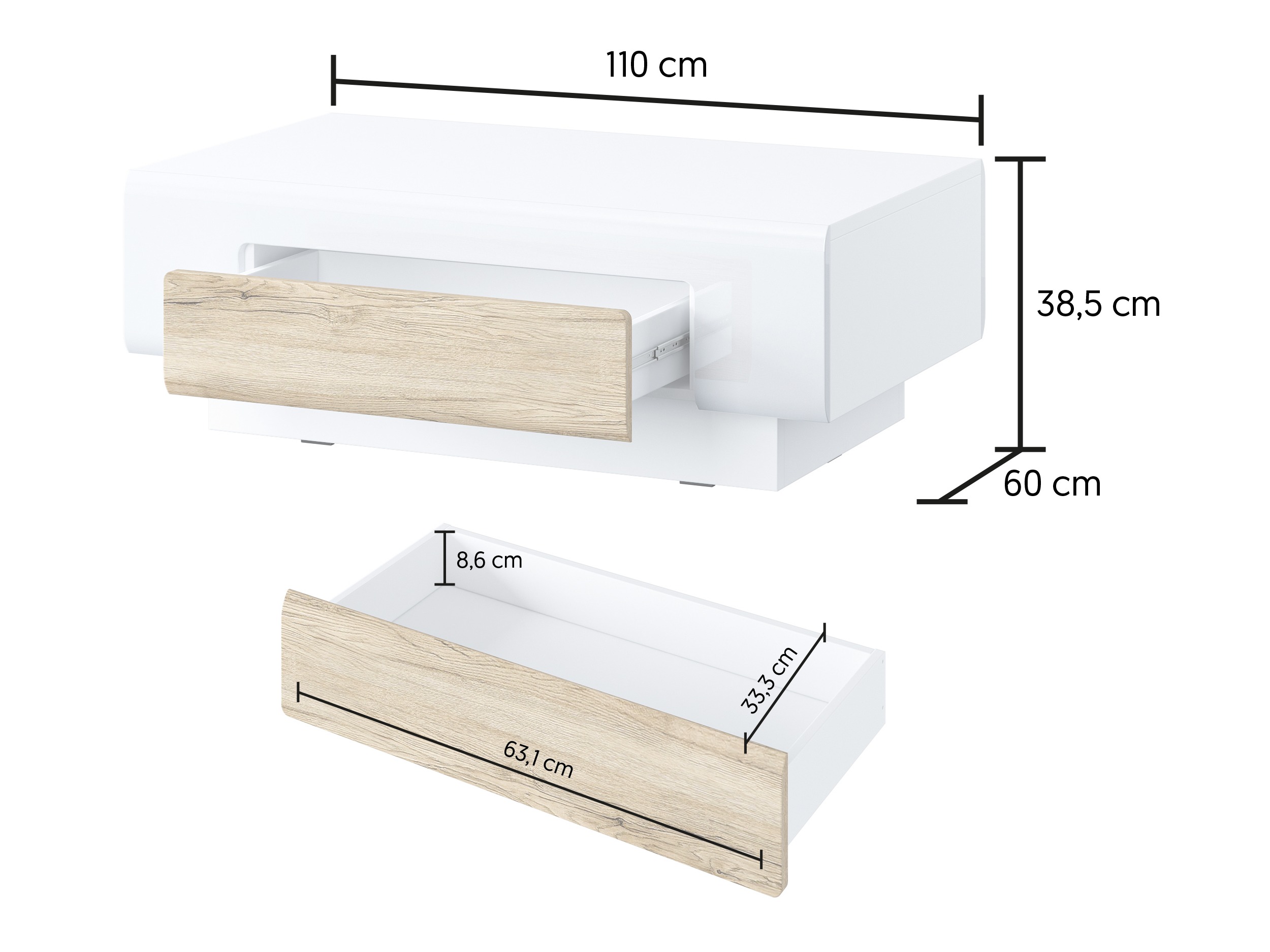 Mesa de centro Torsone 111 (Branco + Branco brilhante + Carvalho de san remo)