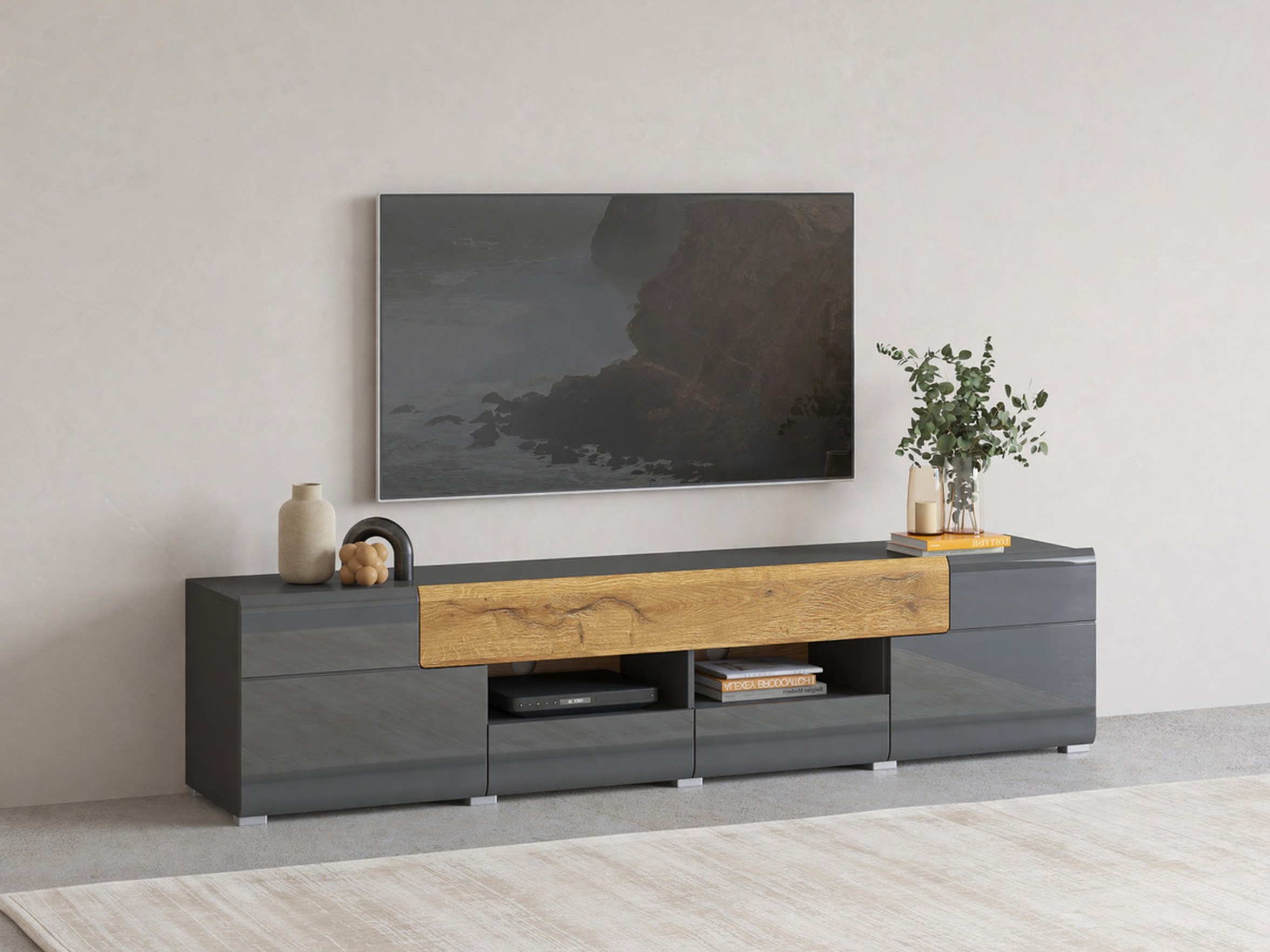 Móvel de TV Torsone 113 (Antracite + Gloss antracite + Carvalho Grandson)