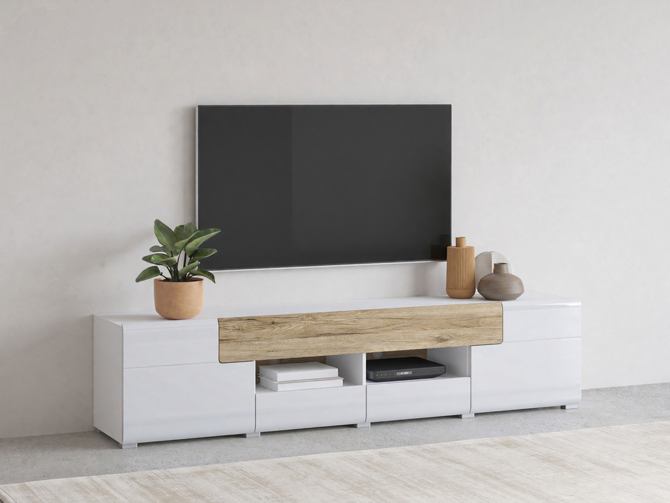 Móvel de TV Torsone 113 (Branco + Branco brilhante + Carvalho de san remo)