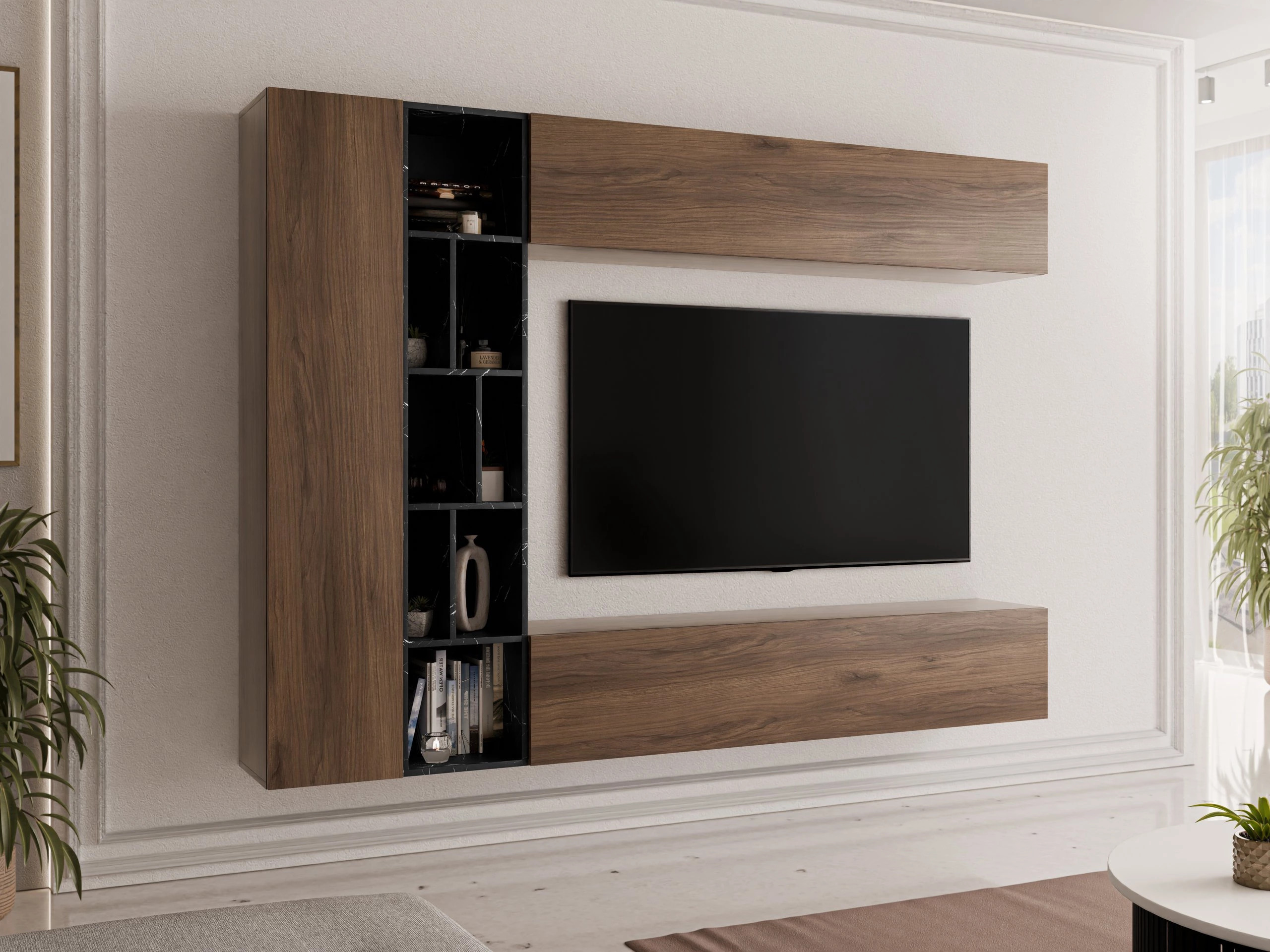 Conjunto para sala de estar Comfivo Natura (Nogueira + Mármore preto)