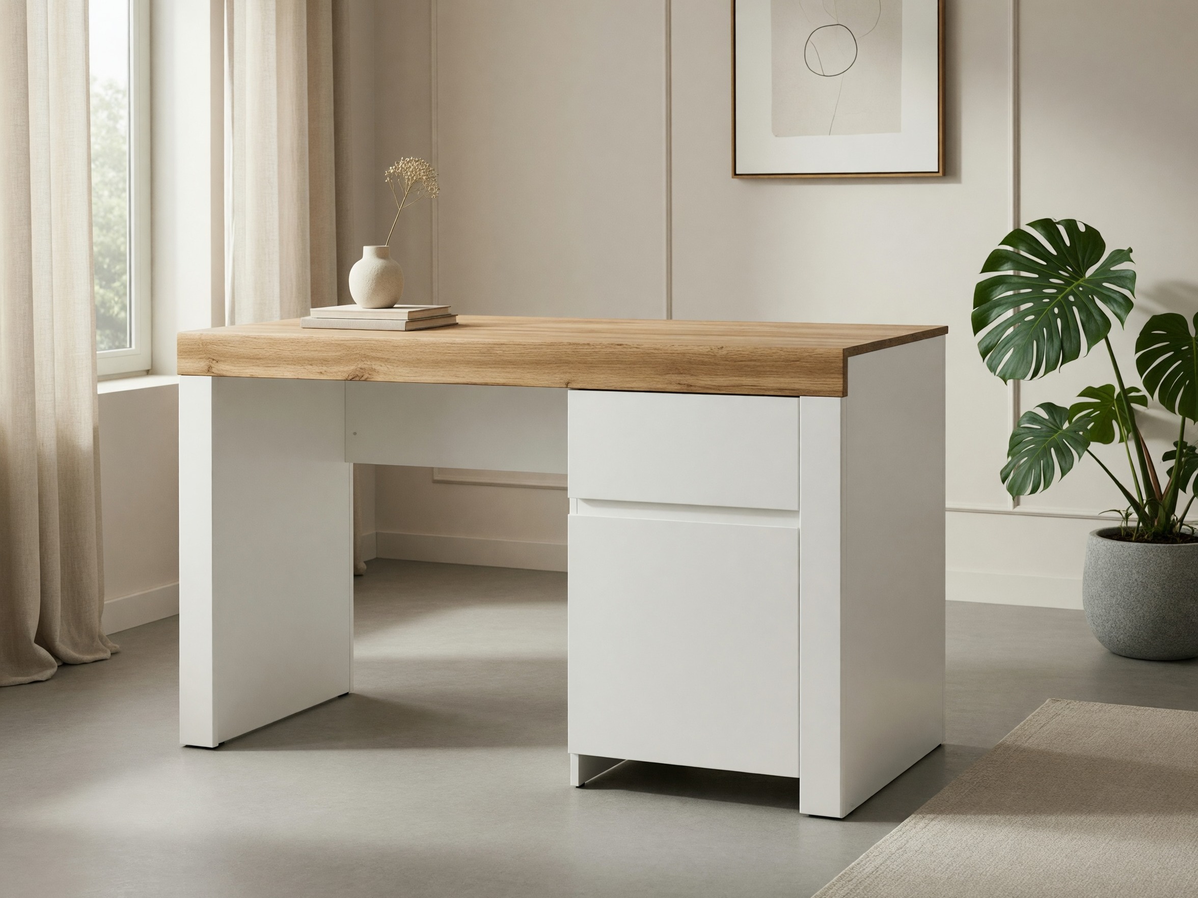 Mesa de escritório Sonsoru 130 (Branco + Branco brilhante + Carvalho wotan)