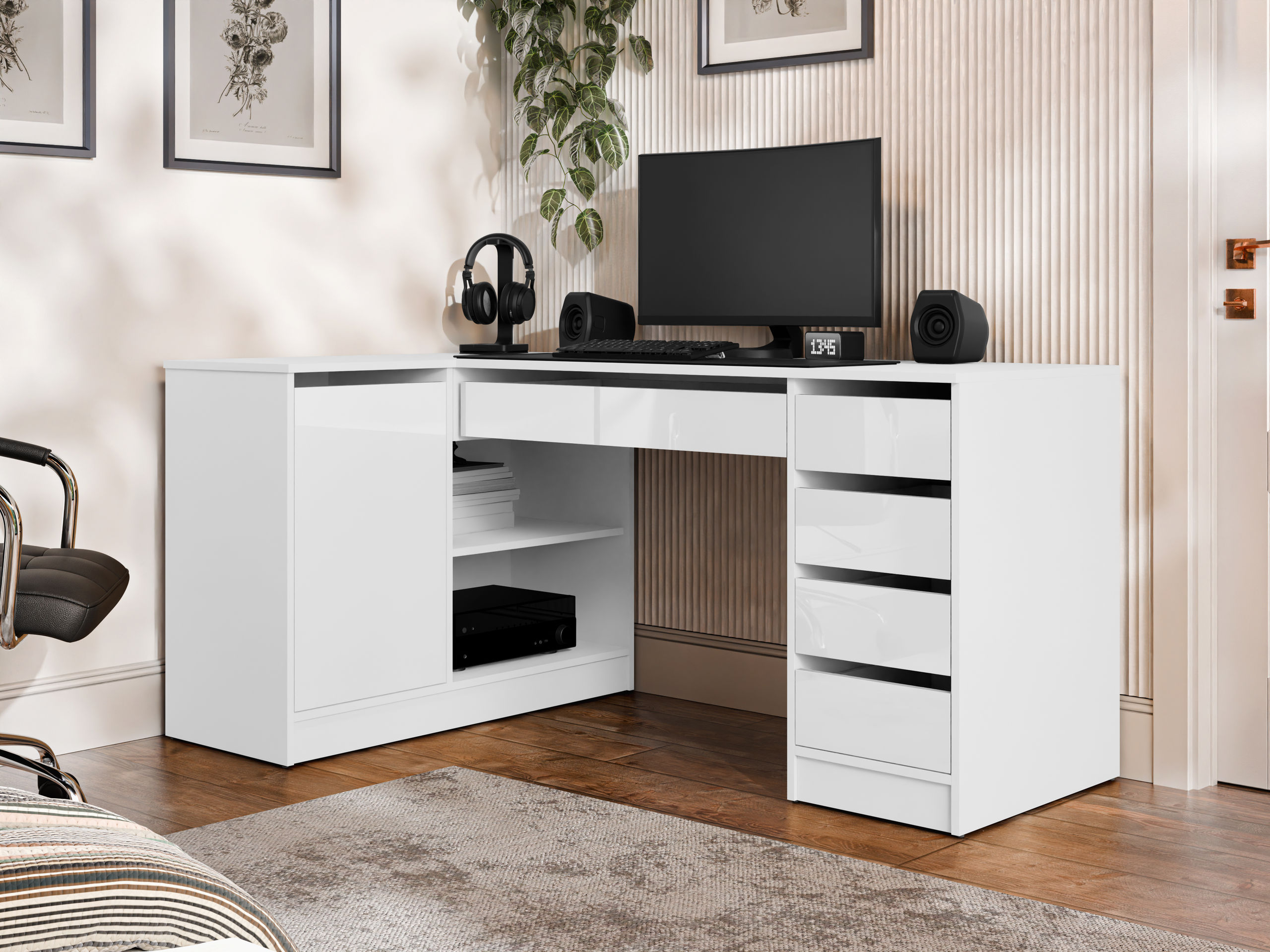 Mesa de escritório para cantos Comfivo Terros III (Branco brilhante + Branco)