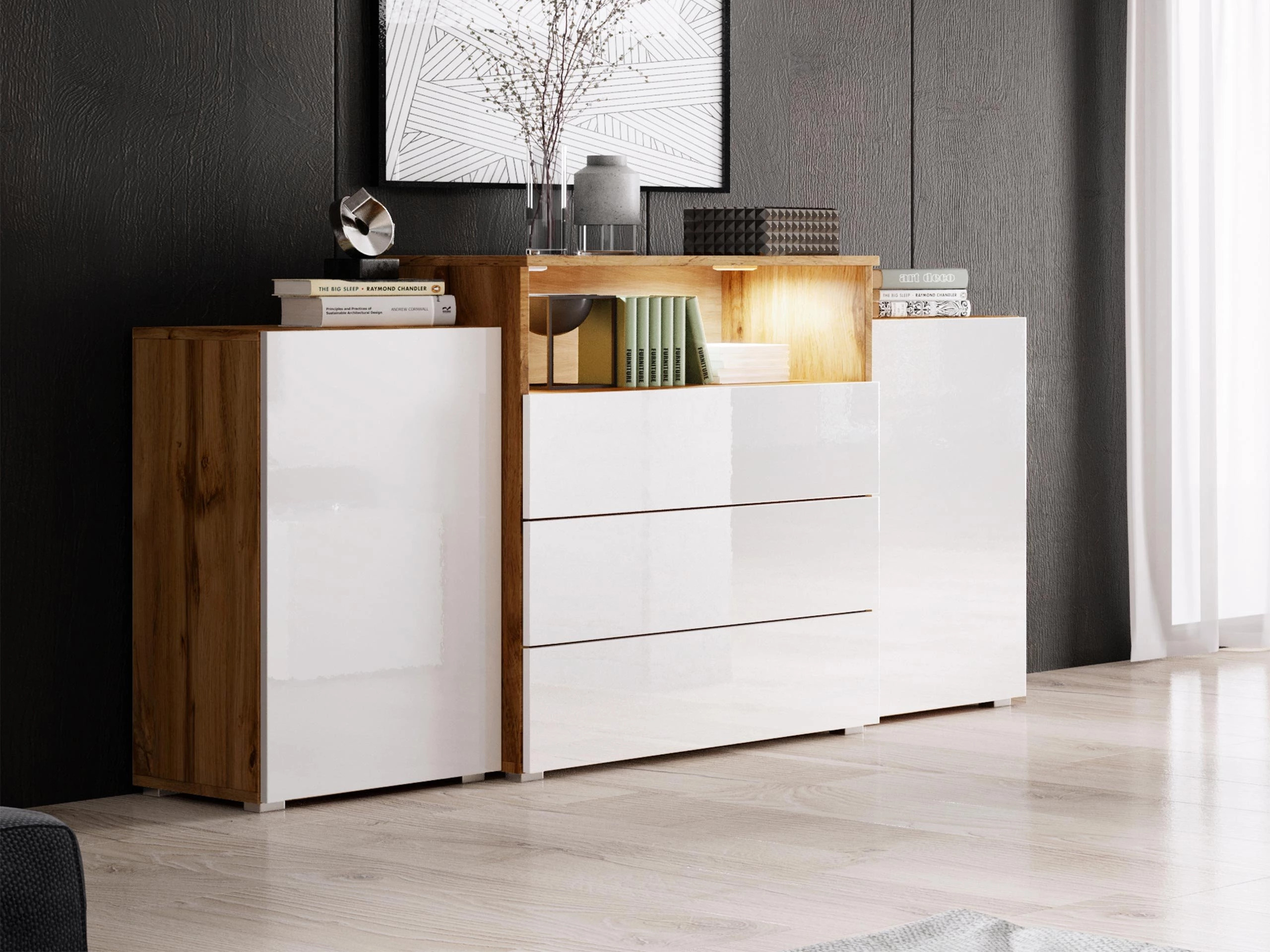 Cómoda Sarasota 127 (Carvalho wotan + Branco brilhante)
