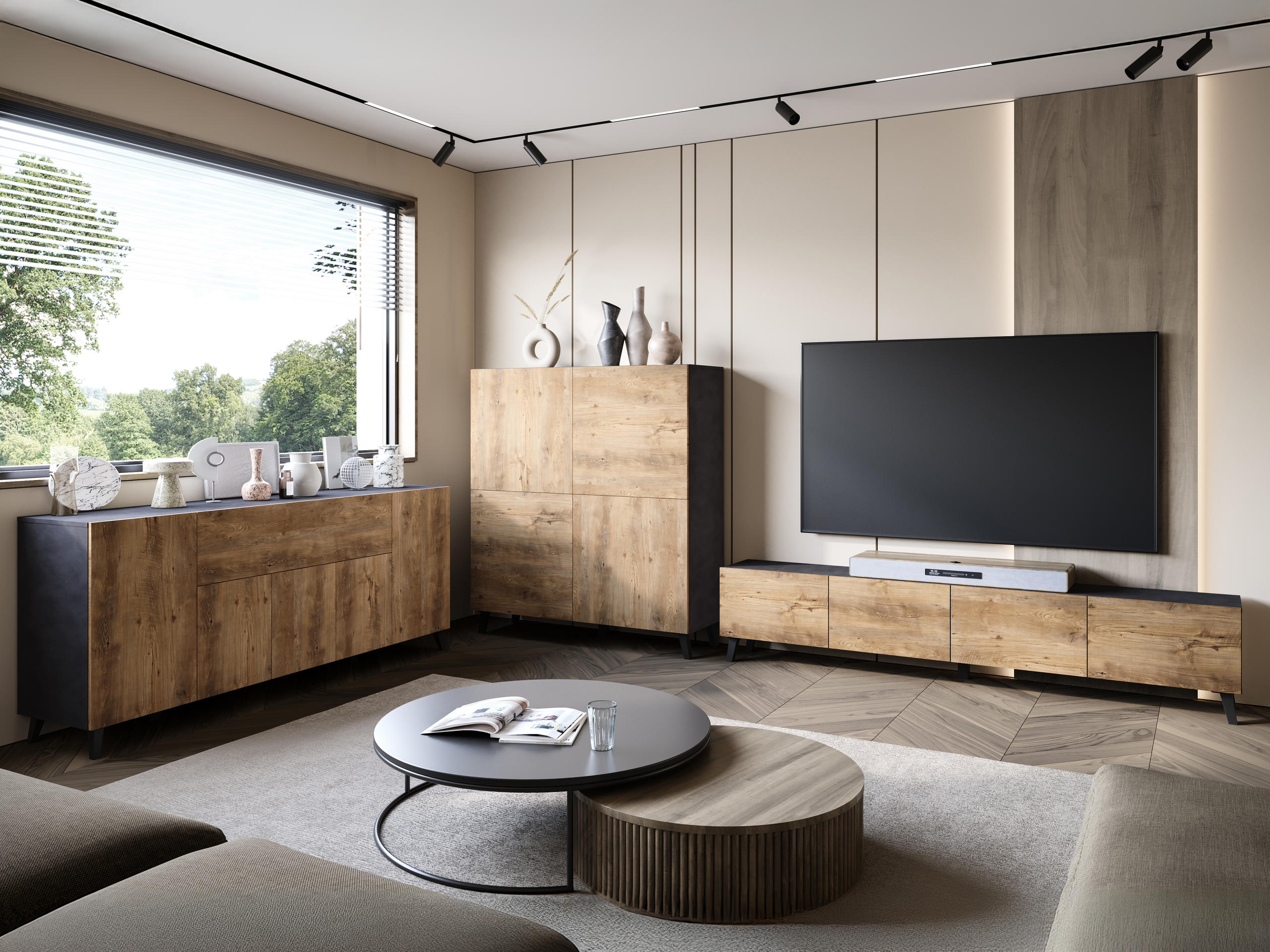 Conjunto para sala de estar Levtive 104 (Matera cinzento + Castanha)