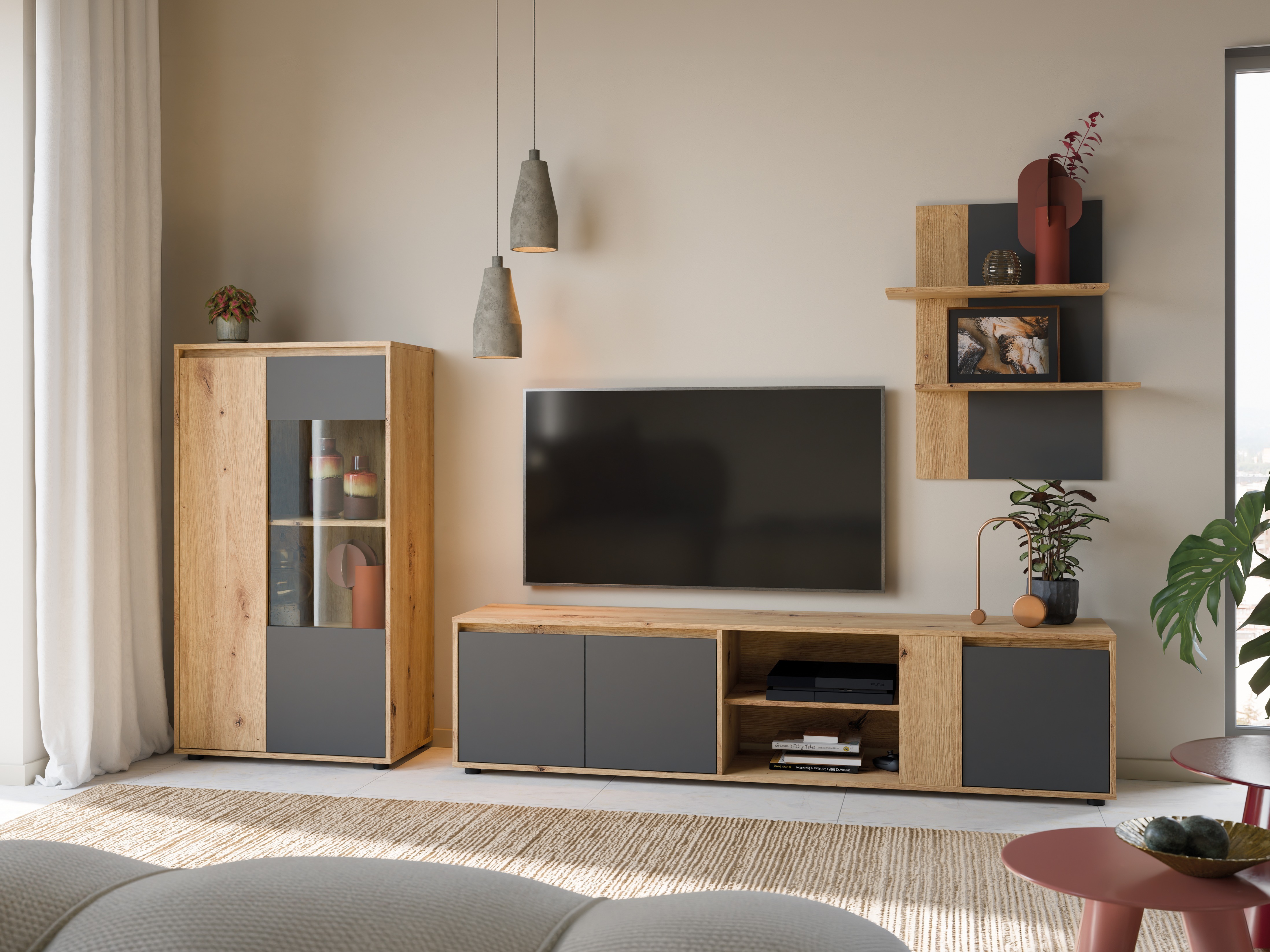 Conjunto para sala de estar Ontario 226 (Antracite + Carvalho Artisan)