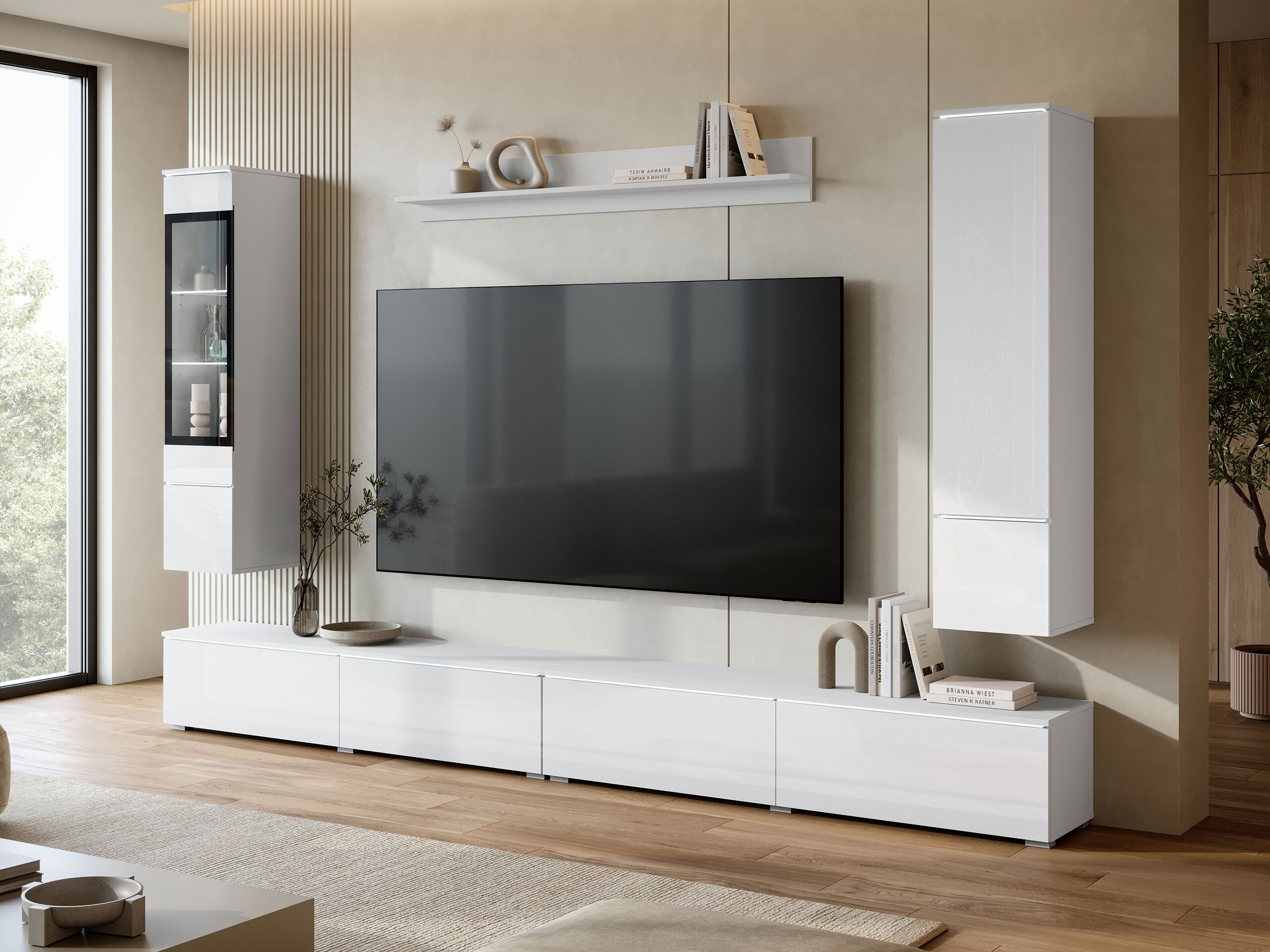 Conjunto para sala de estar Mirfivo 110 (Branco + Branco brilhante)
