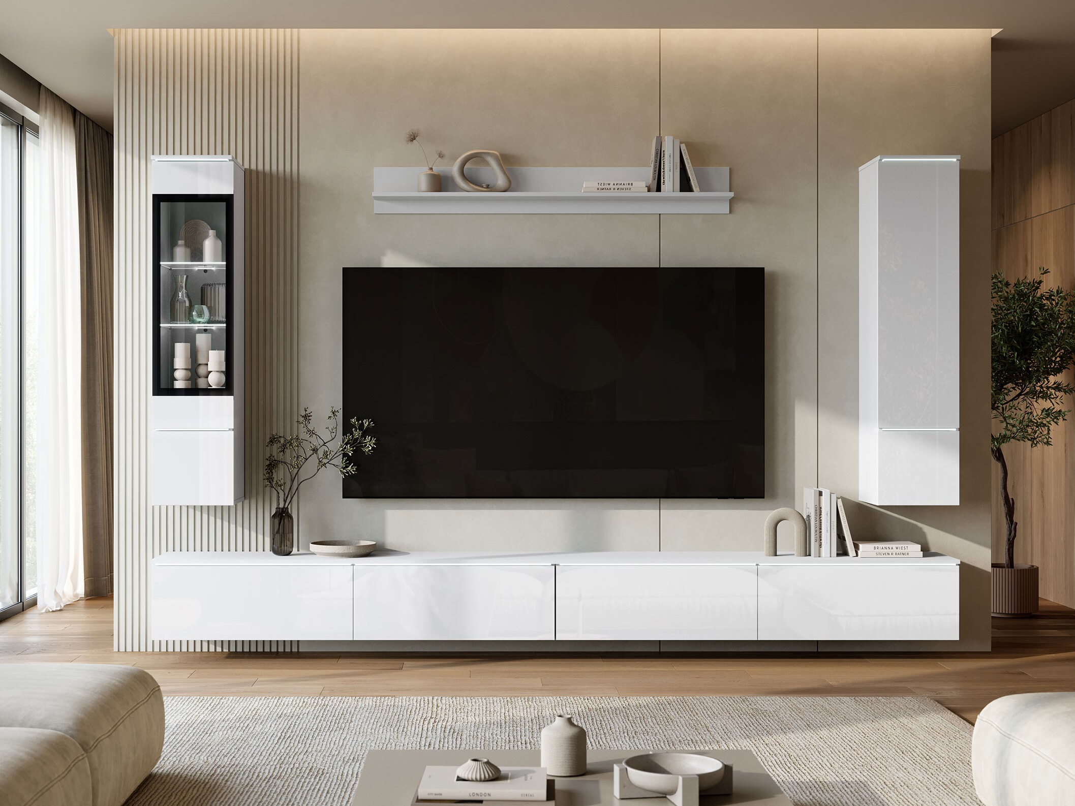 Conjunto para sala de estar Mirfivo 110 (Branco + Branco brilhante)