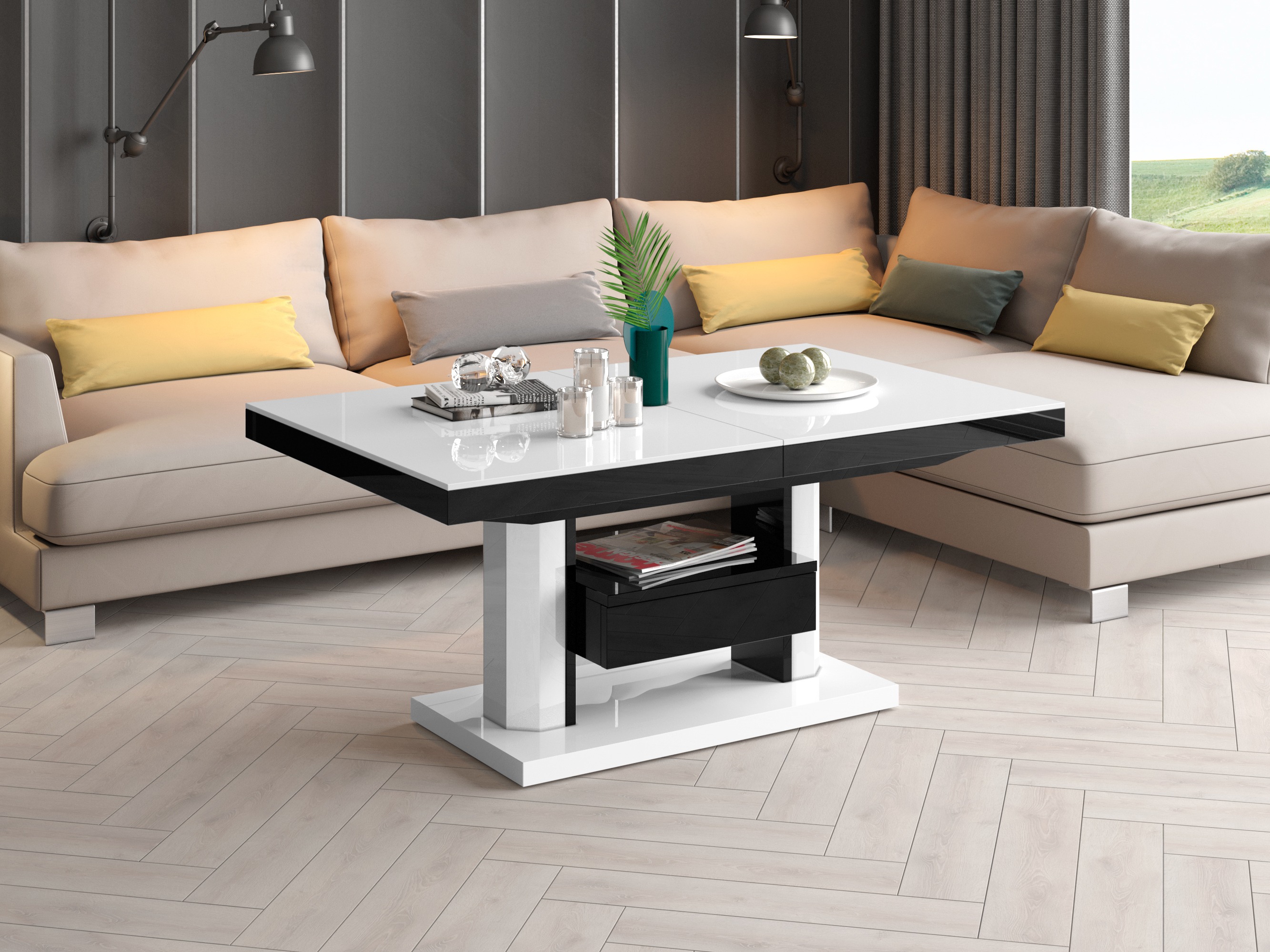 Mesa de centro extensível Hoboken 100 (Branco brilhante + Preto brilhante)