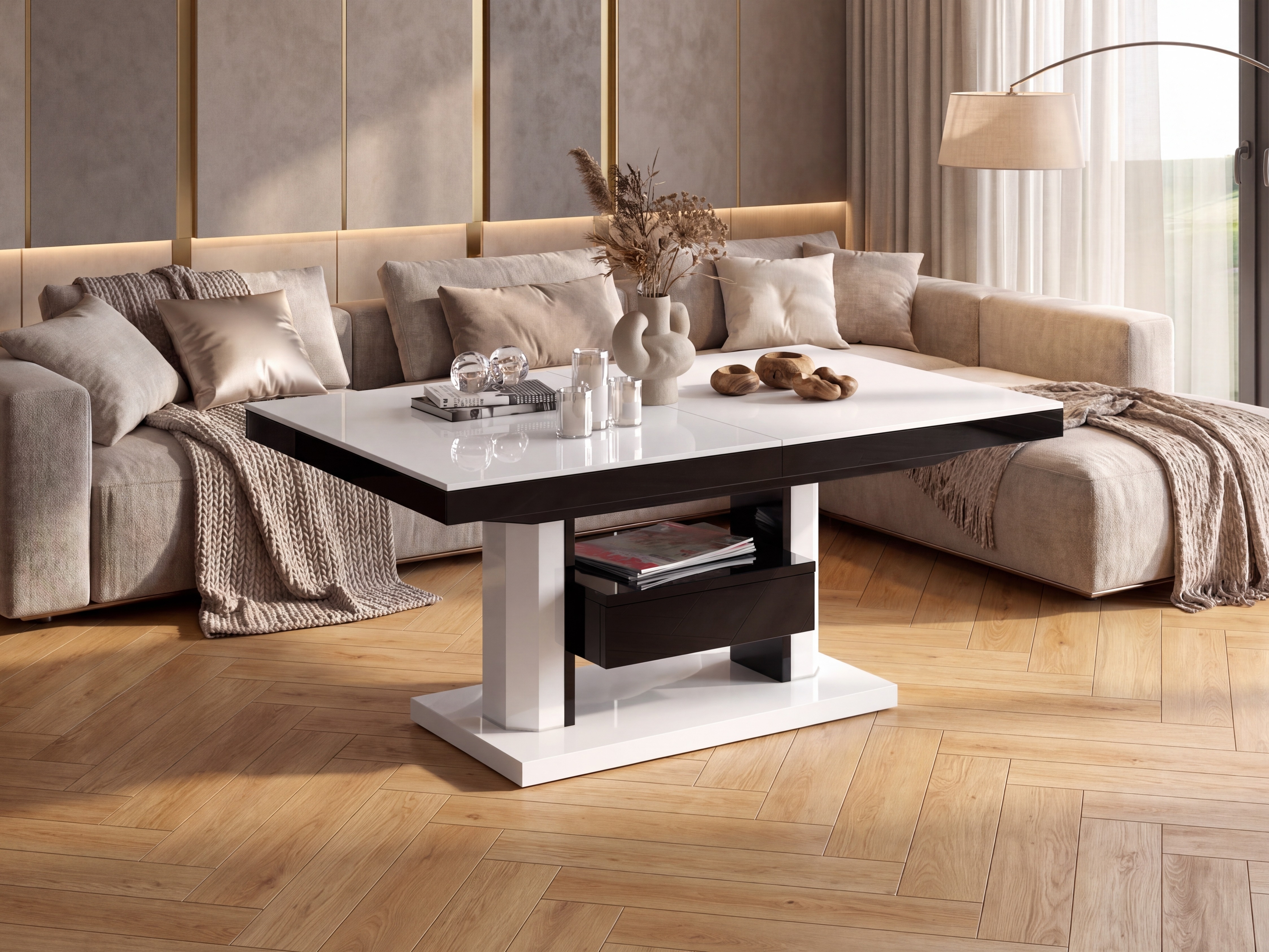 Mesa de centro extensível Hoboken 100 (Branco brilhante + Preto brilhante)
