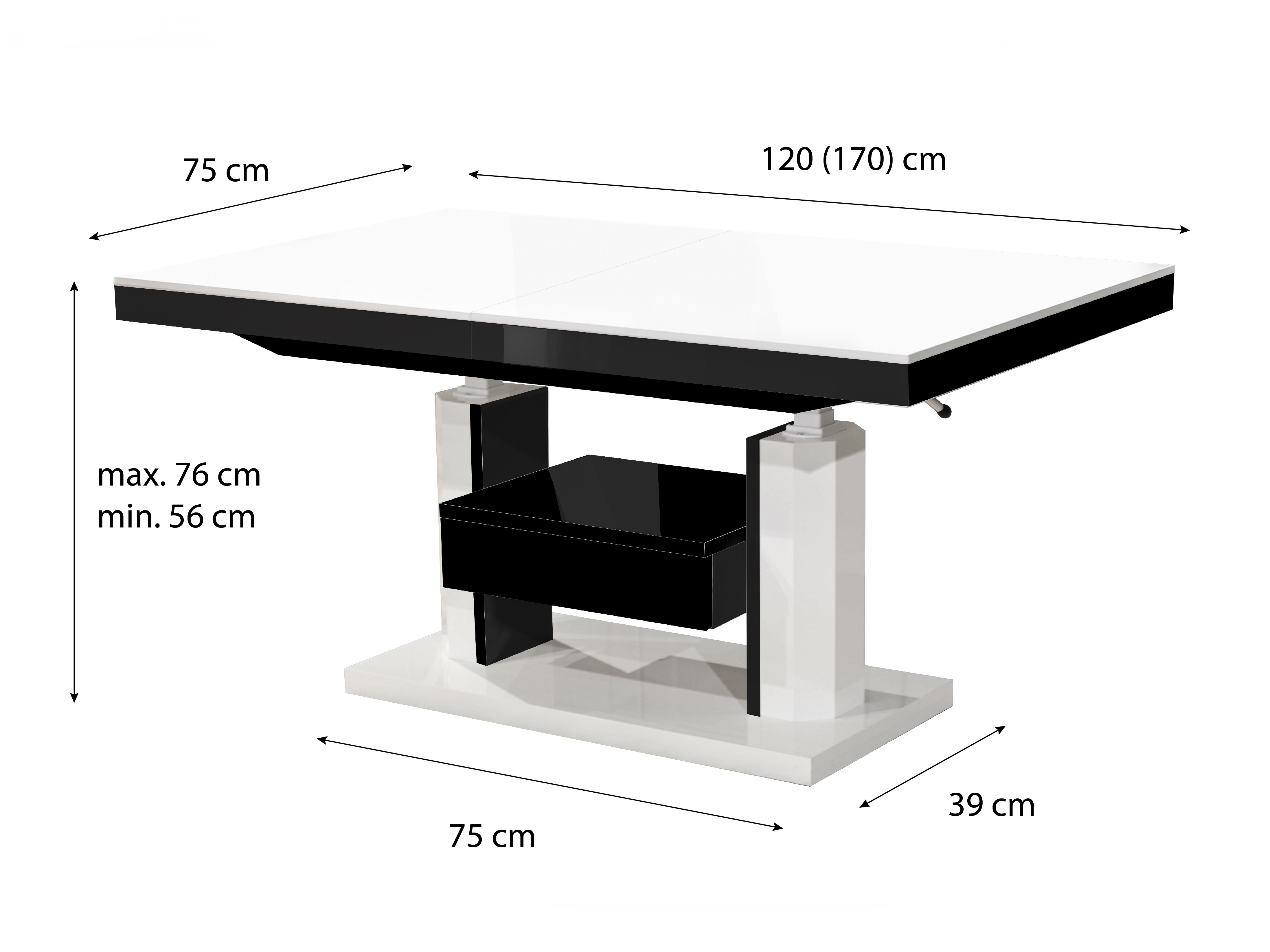Mesa de centro extensível Hoboken 100 (Branco brilhante + Preto brilhante)