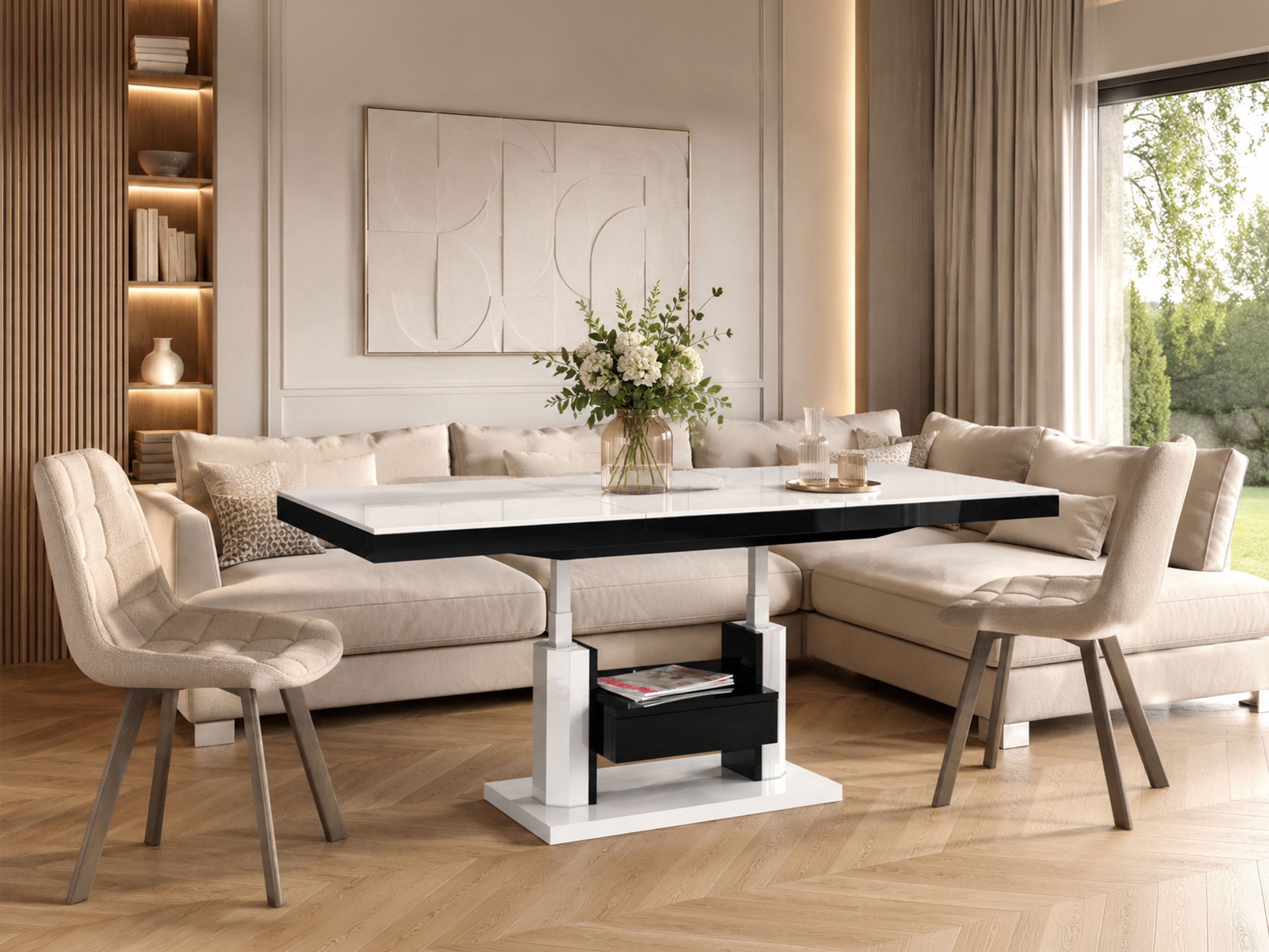 Mesa de centro extensível Hoboken 100 (Branco brilhante + Preto brilhante)