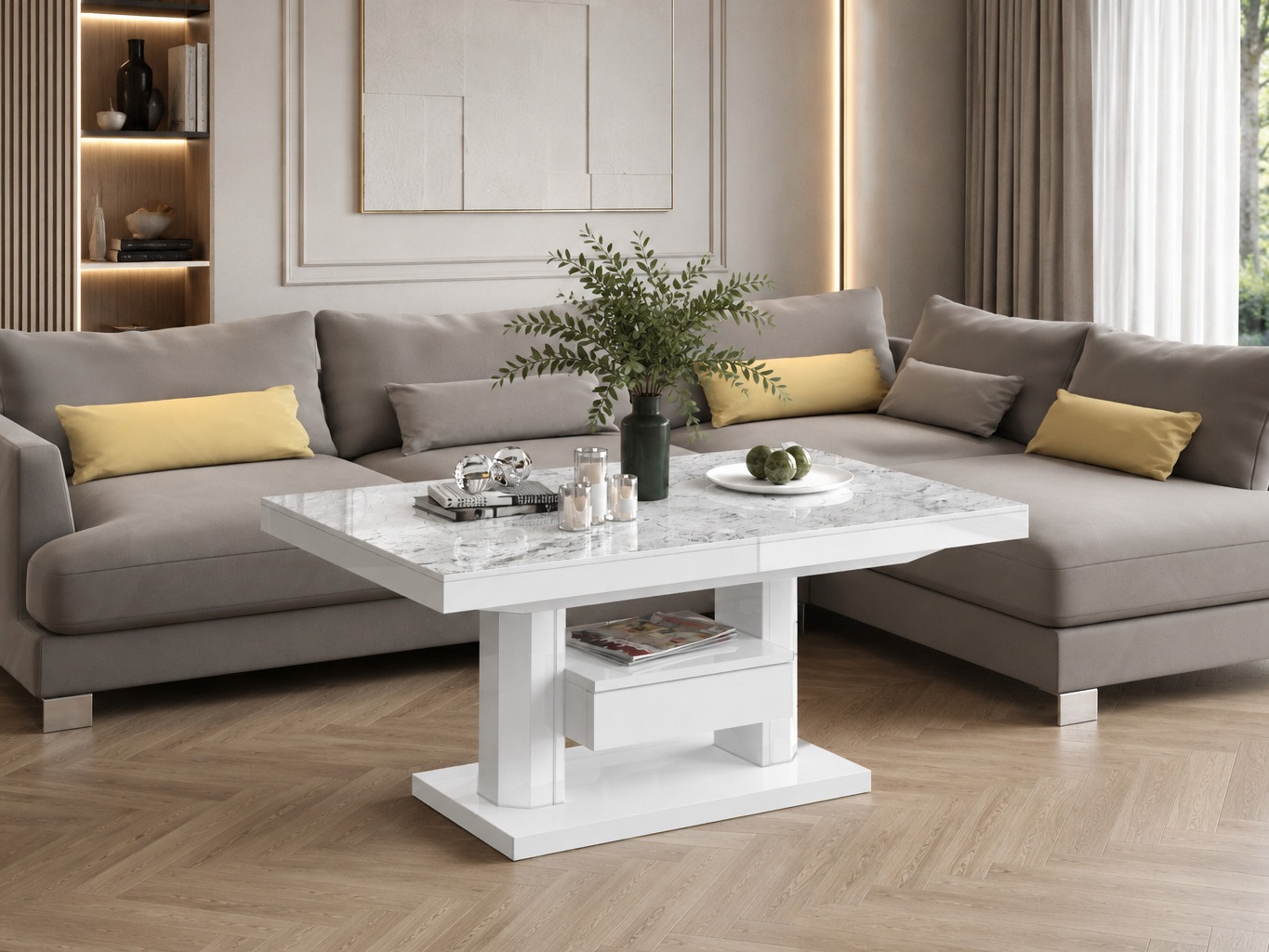 Mesa de centro extensível Hoboken 100 (Marmore branco + Branco brilhante)