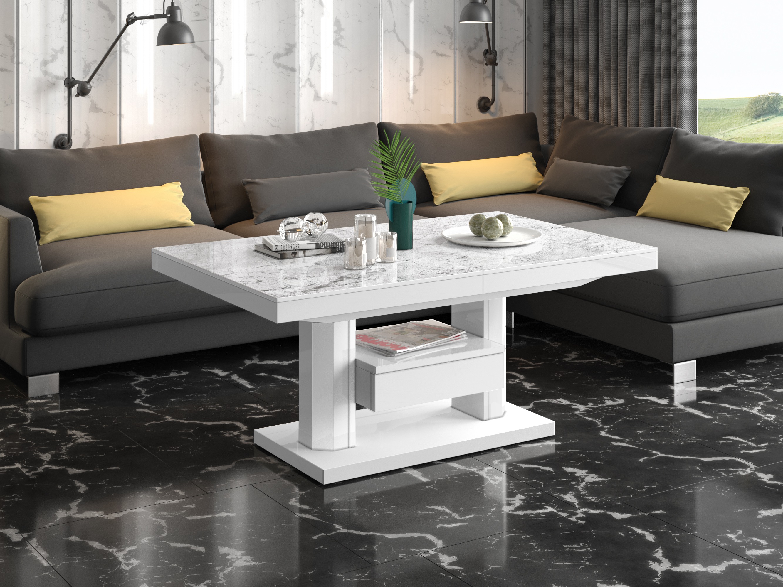 Mesa de centro extensível Hoboken 100 (Marmore branco + Branco brilhante)