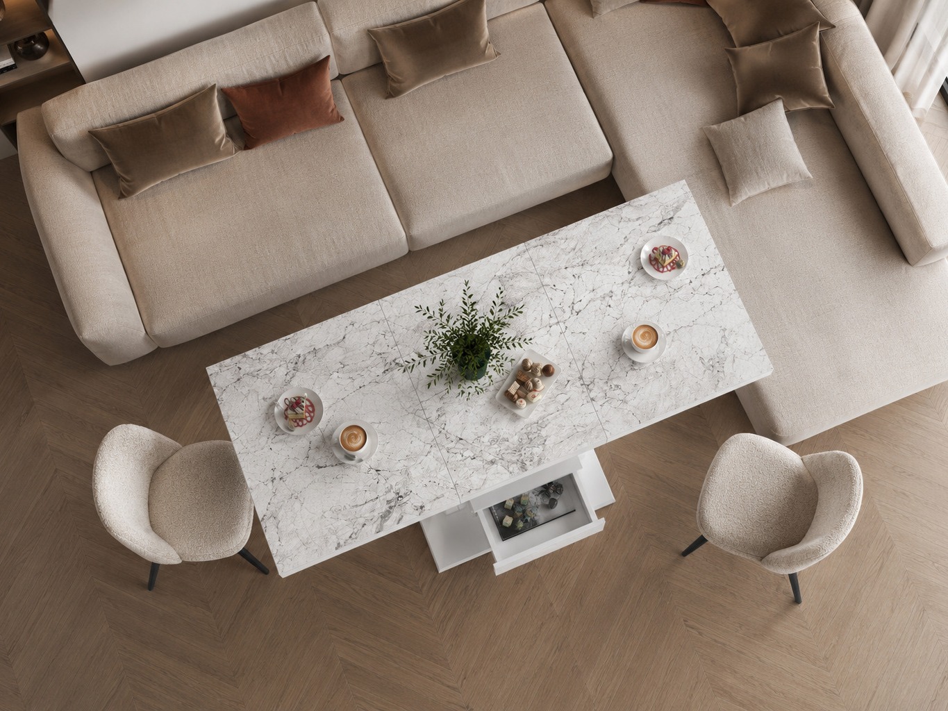 Mesa de centro extensível Hoboken 100 (Marmore branco + Branco brilhante)