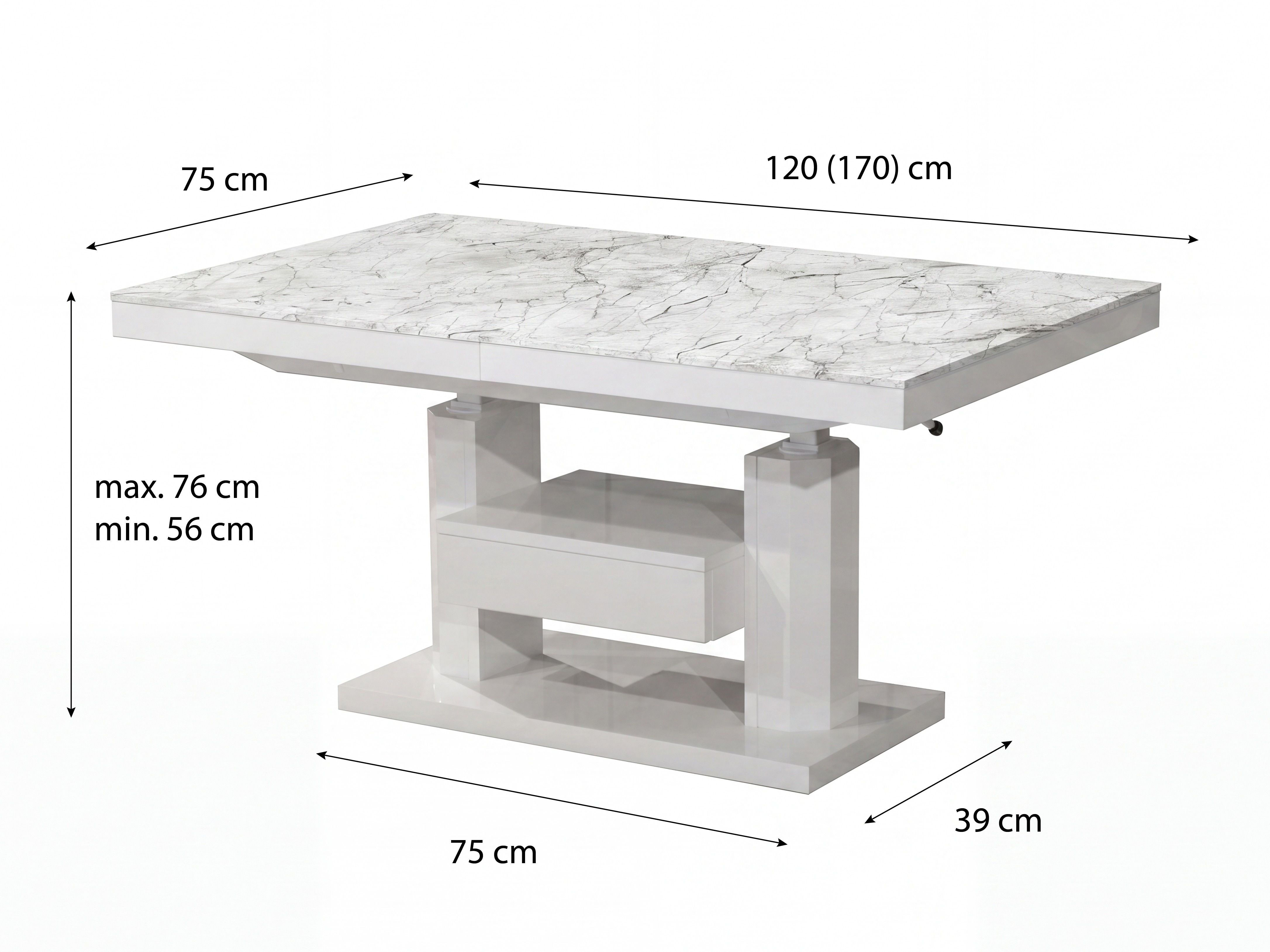 Mesa de centro extensível Hoboken 100 (Marmore branco + Branco brilhante)