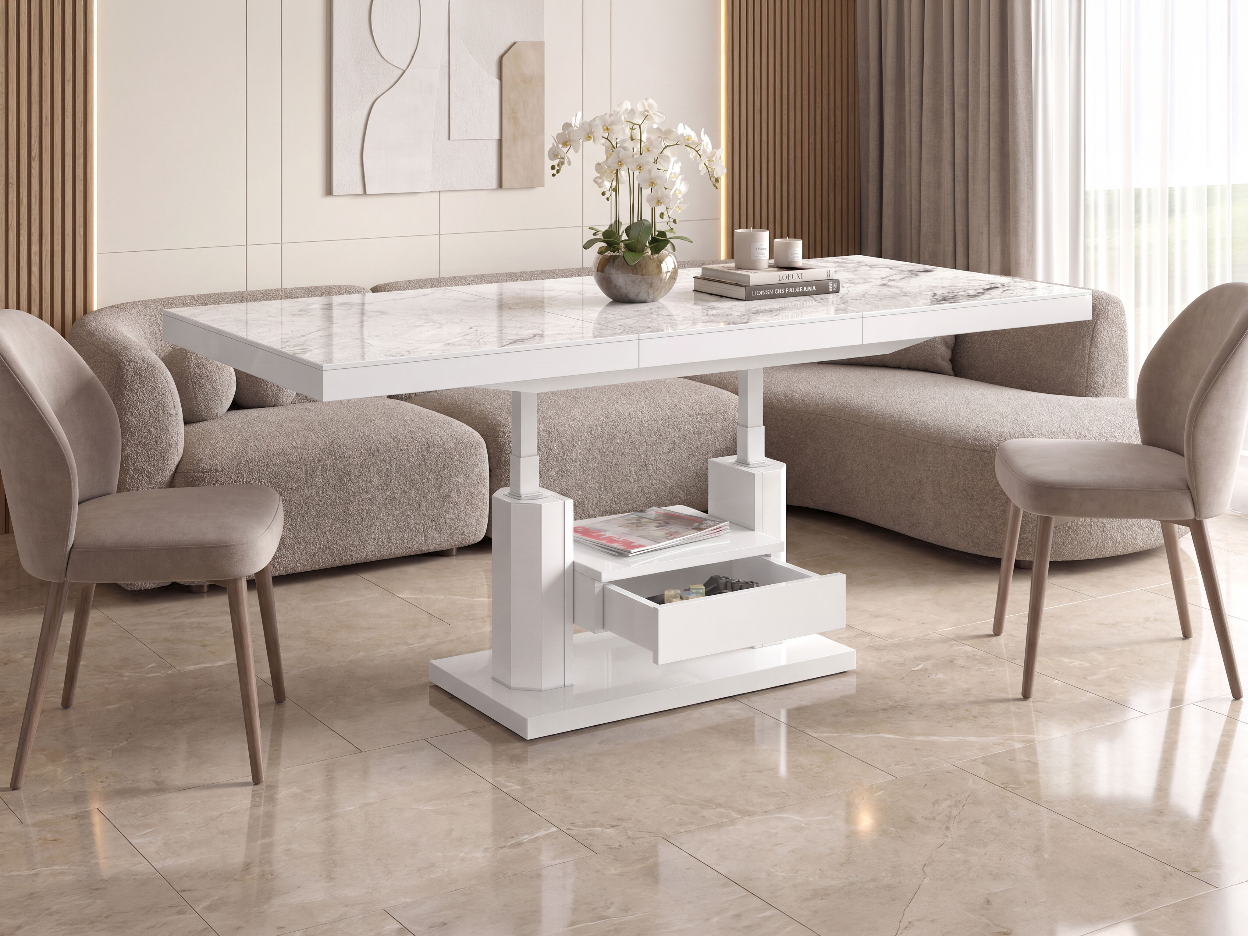 Mesa de centro extensível Hoboken 100 (Marmore branco + Branco brilhante)