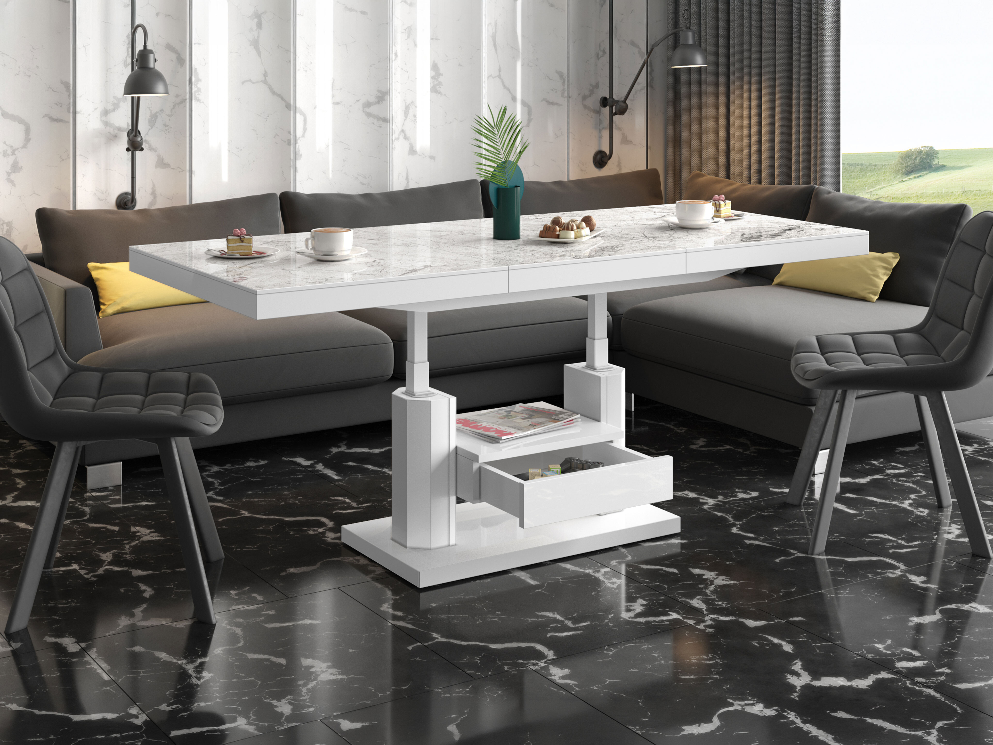 Mesa de centro extensível Hoboken 100 (Marmore branco + Branco brilhante)