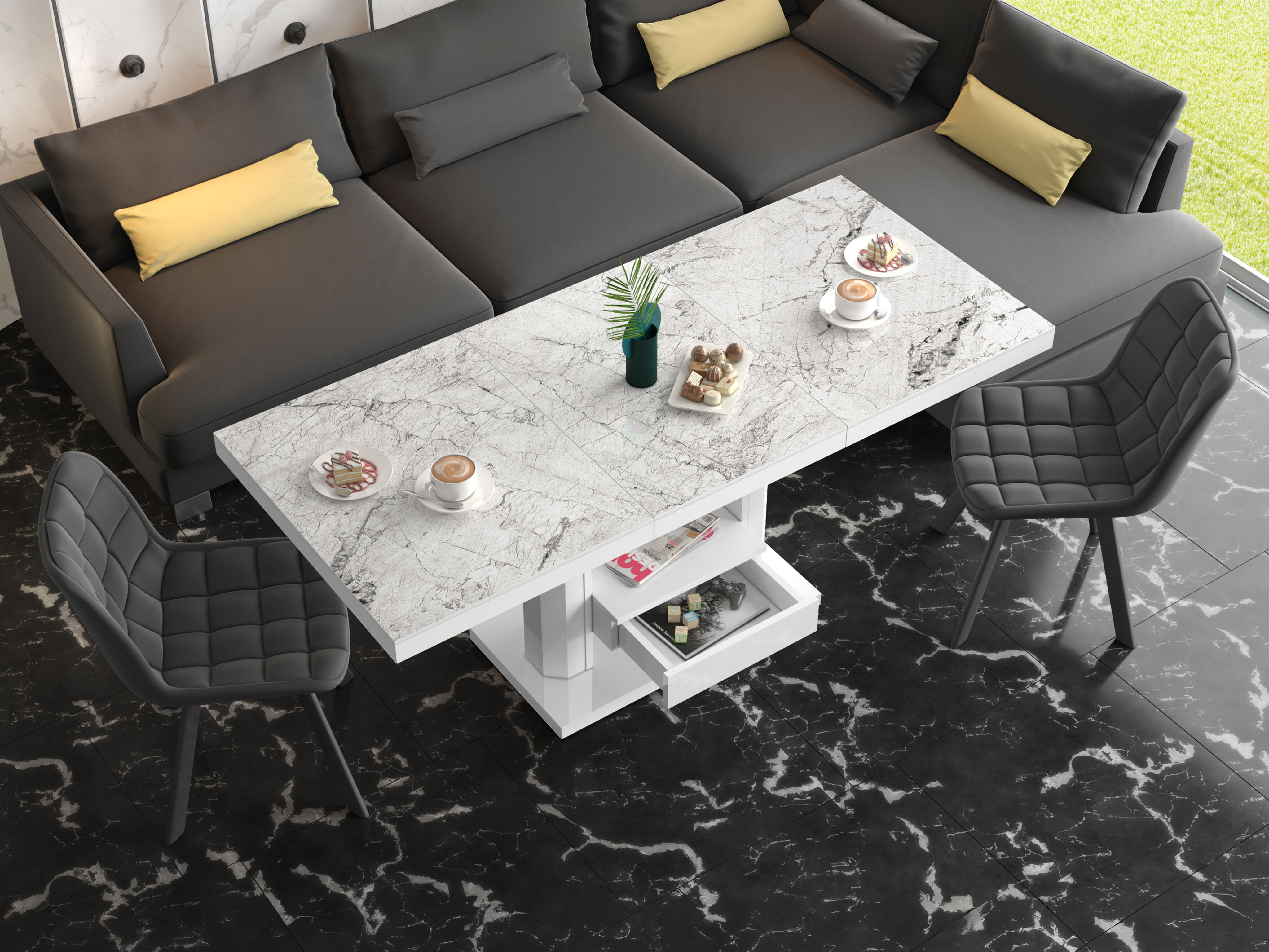Mesa de centro extensível Hoboken 100 (Marmore branco + Branco brilhante)