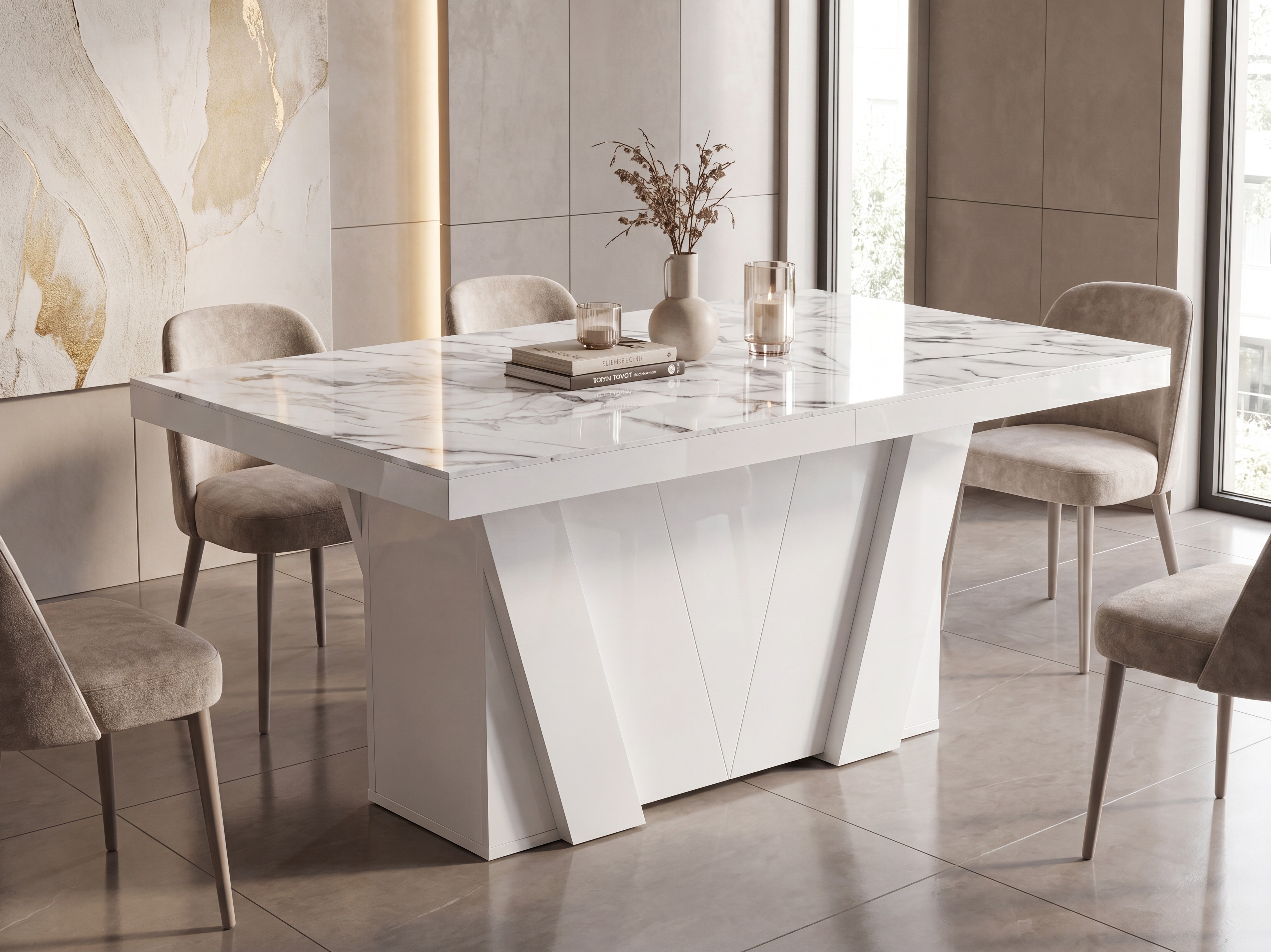 Mesa Hoboken 101 (Marmore branco + Branco brilhante)