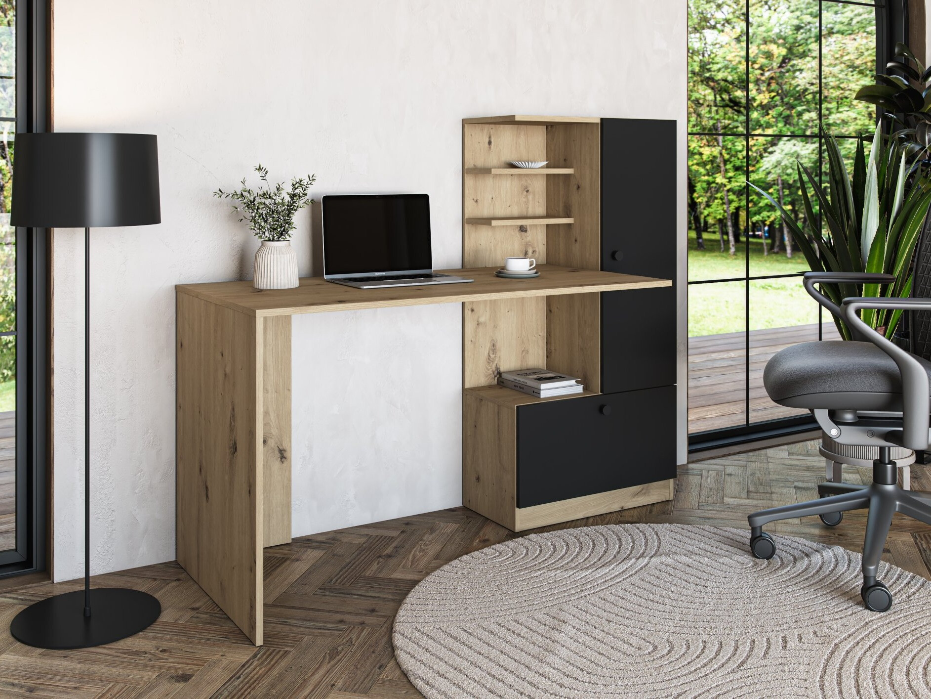 Mesa de escritório Houston 2148 (Preto + Carvalho Artisan)
