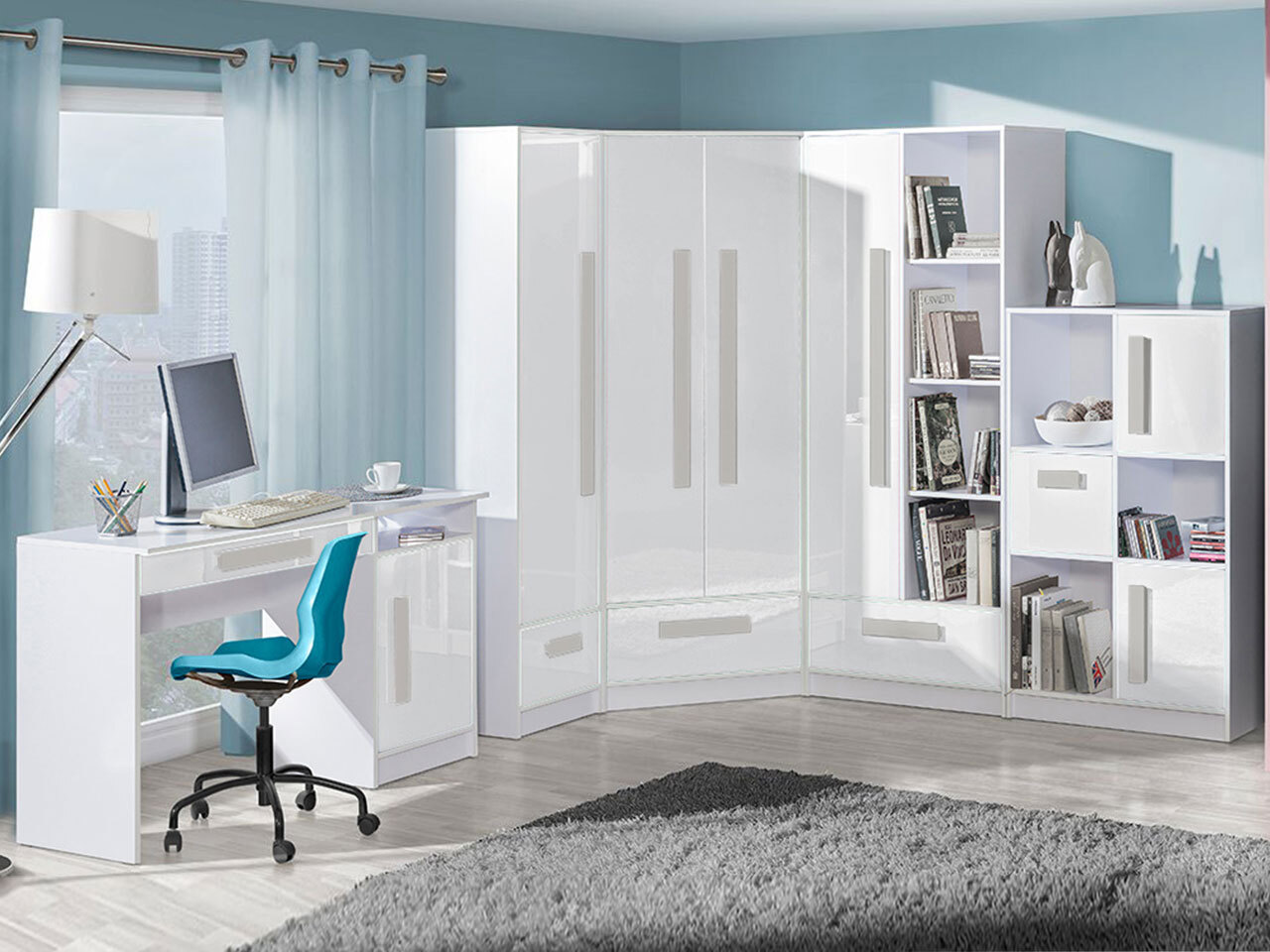 Estante Merevari 104 (Branco + Branco brilhante + Cinzento)
