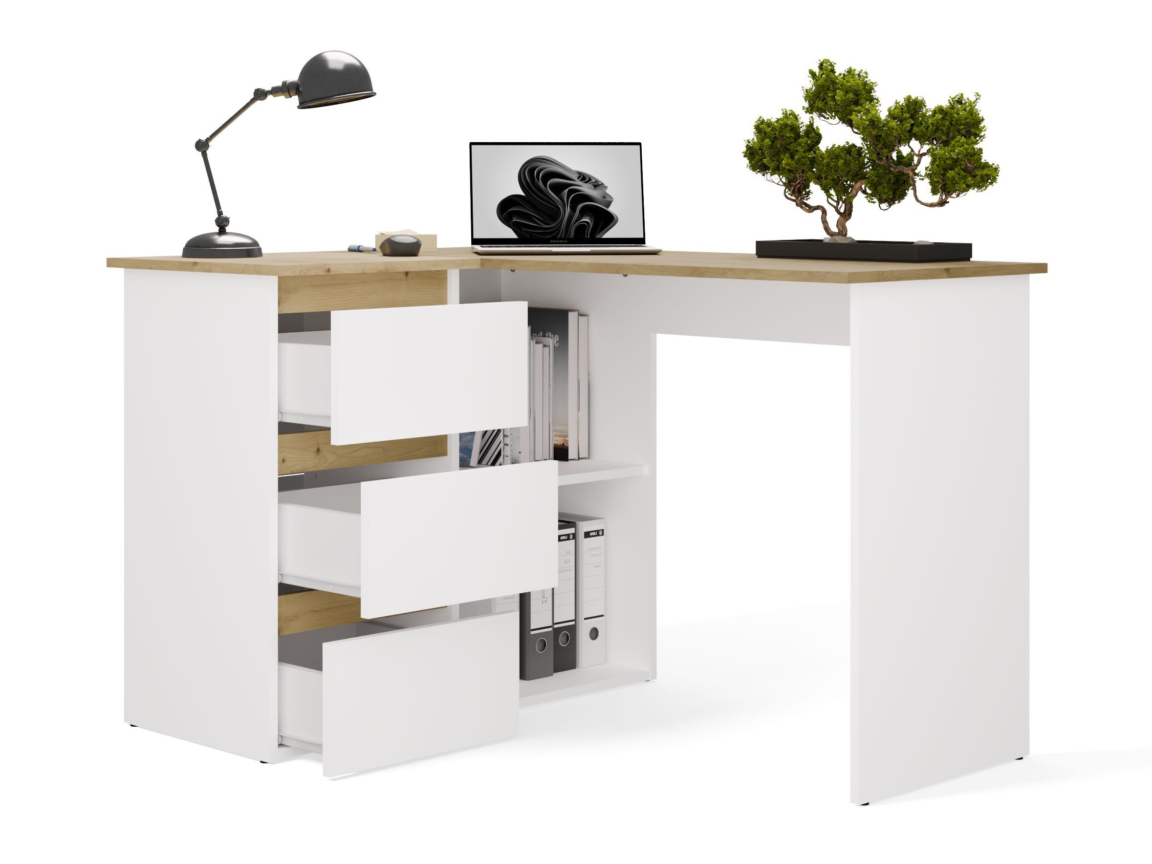 Mesa de escritório para cantos Mandeville 365 (Carvalho Artisan + Branco)