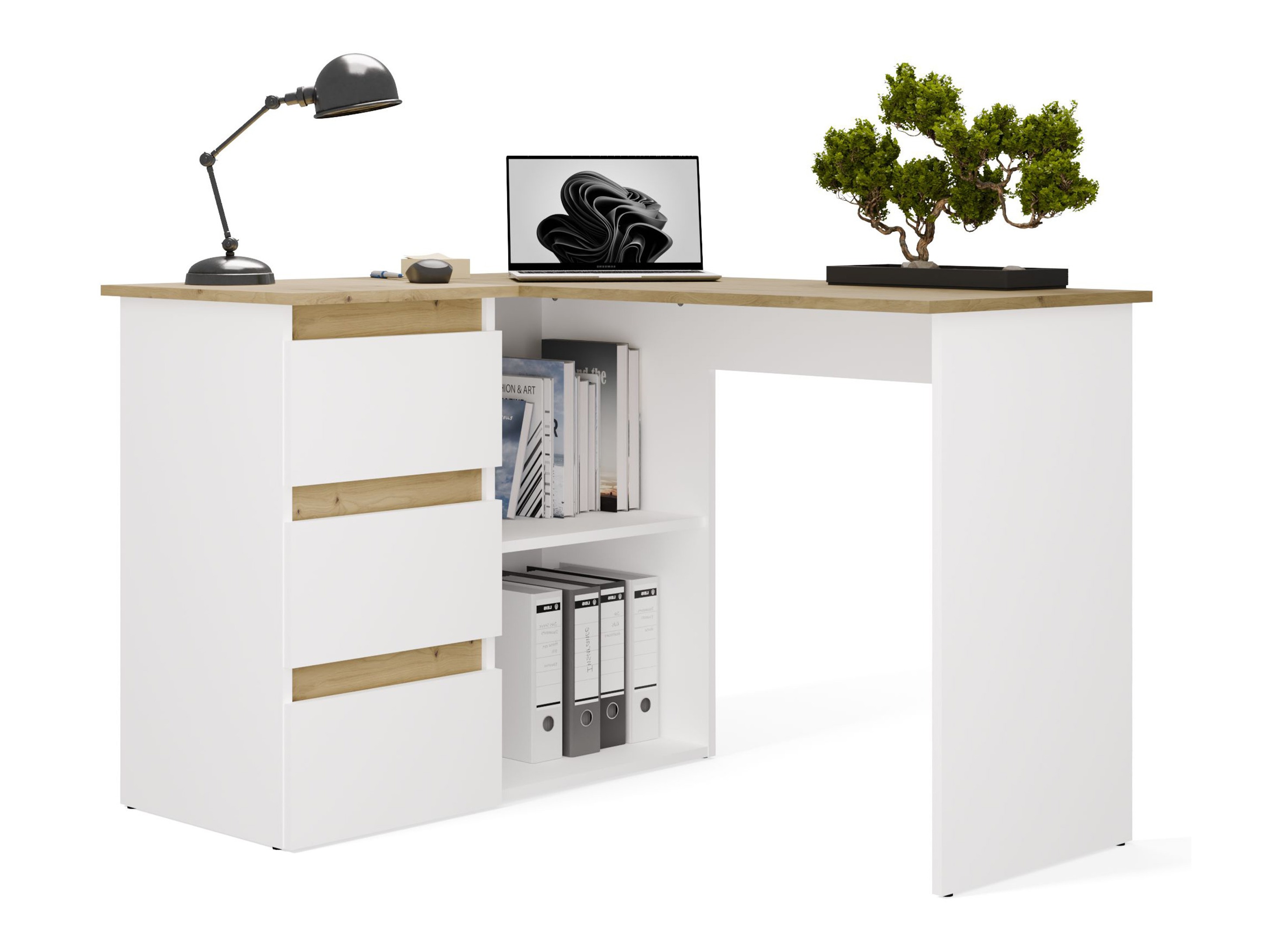 Mesa de escritório para cantos Mandeville 365 (Carvalho Artisan + Branco)