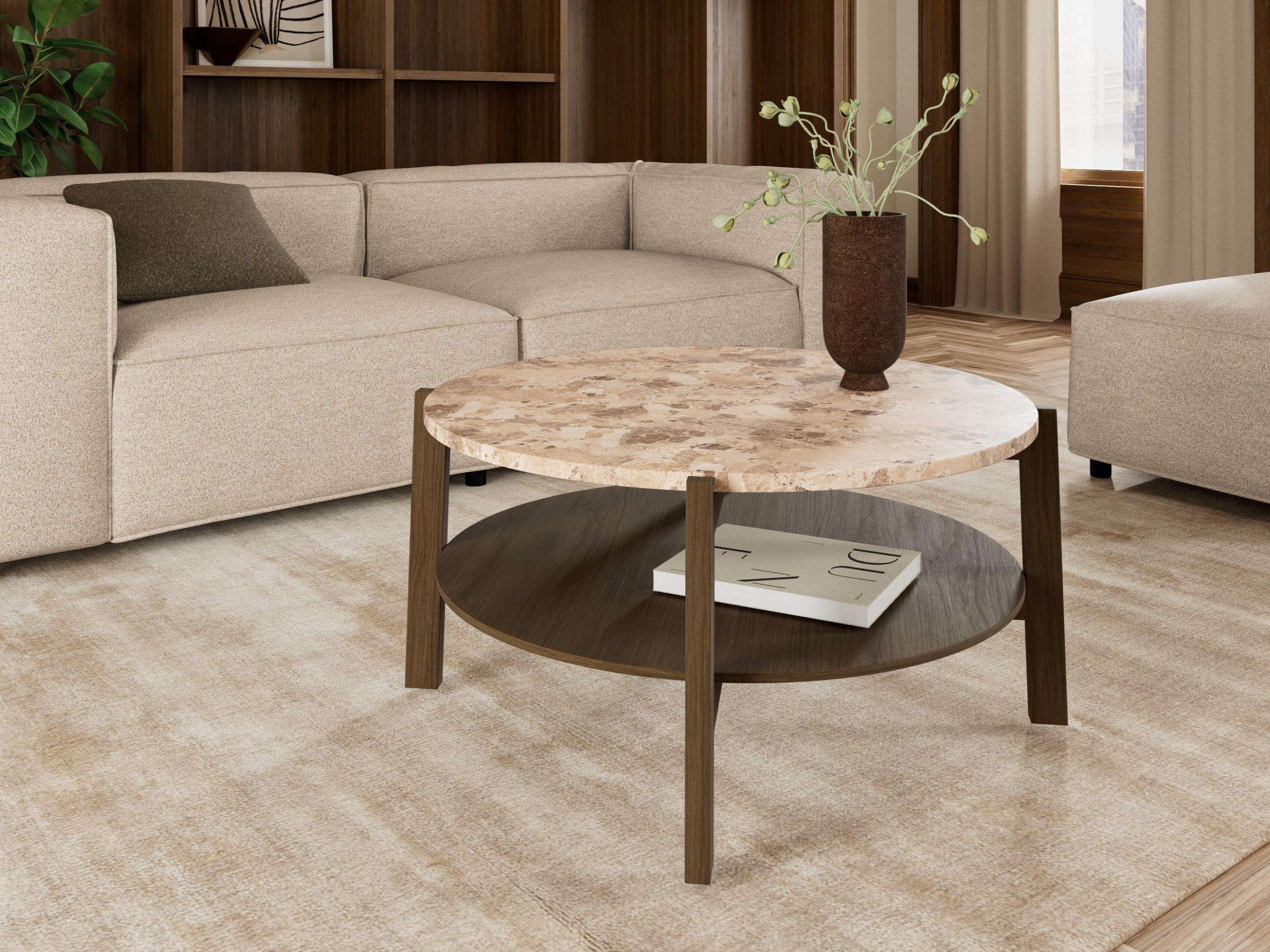 Mesa de centro Norsica 1099 (Carvalho escuro + Mármore marrom)