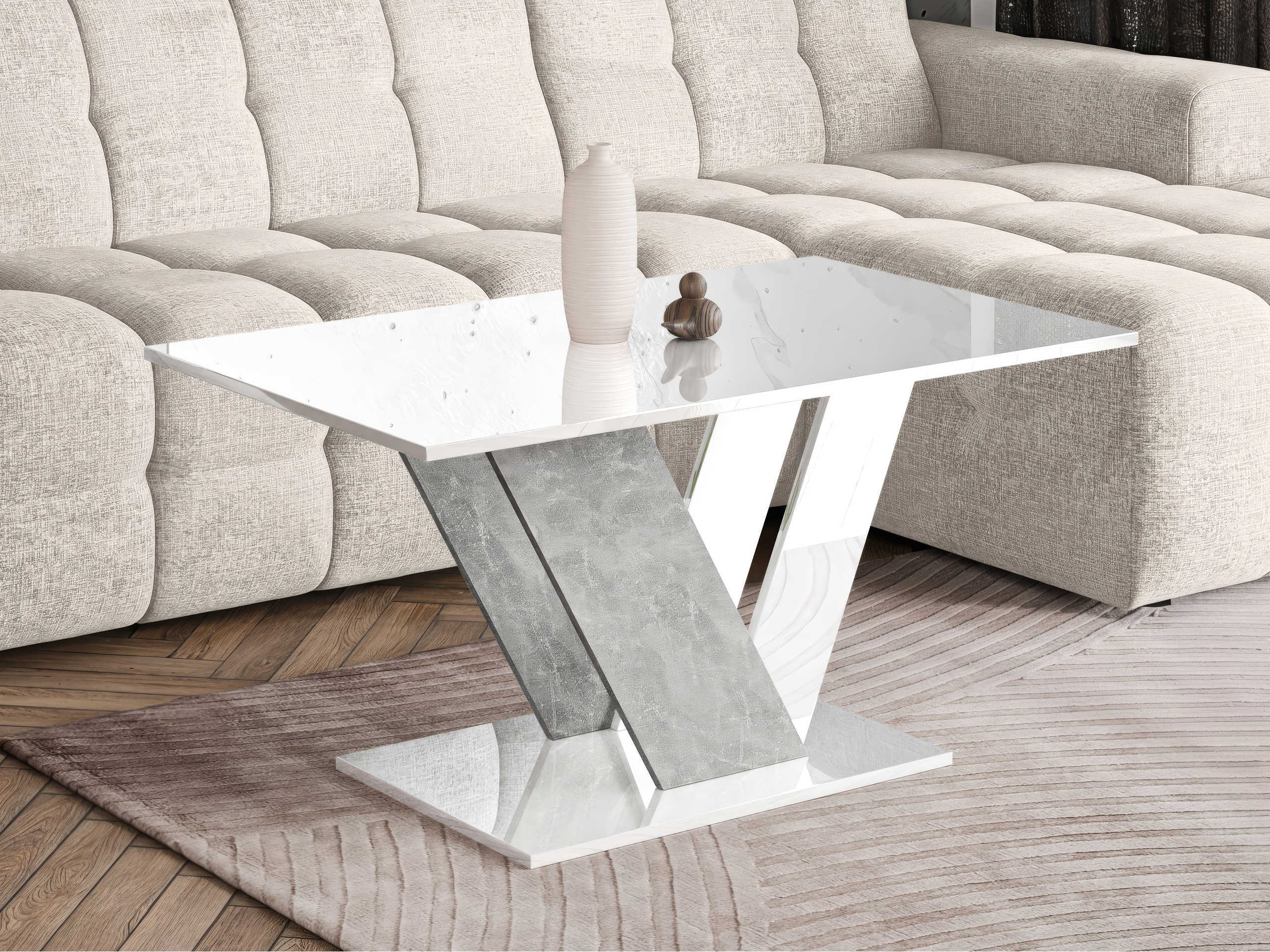 Mesa de centro Goodyear 142 (Branco brilhante + Cimento)