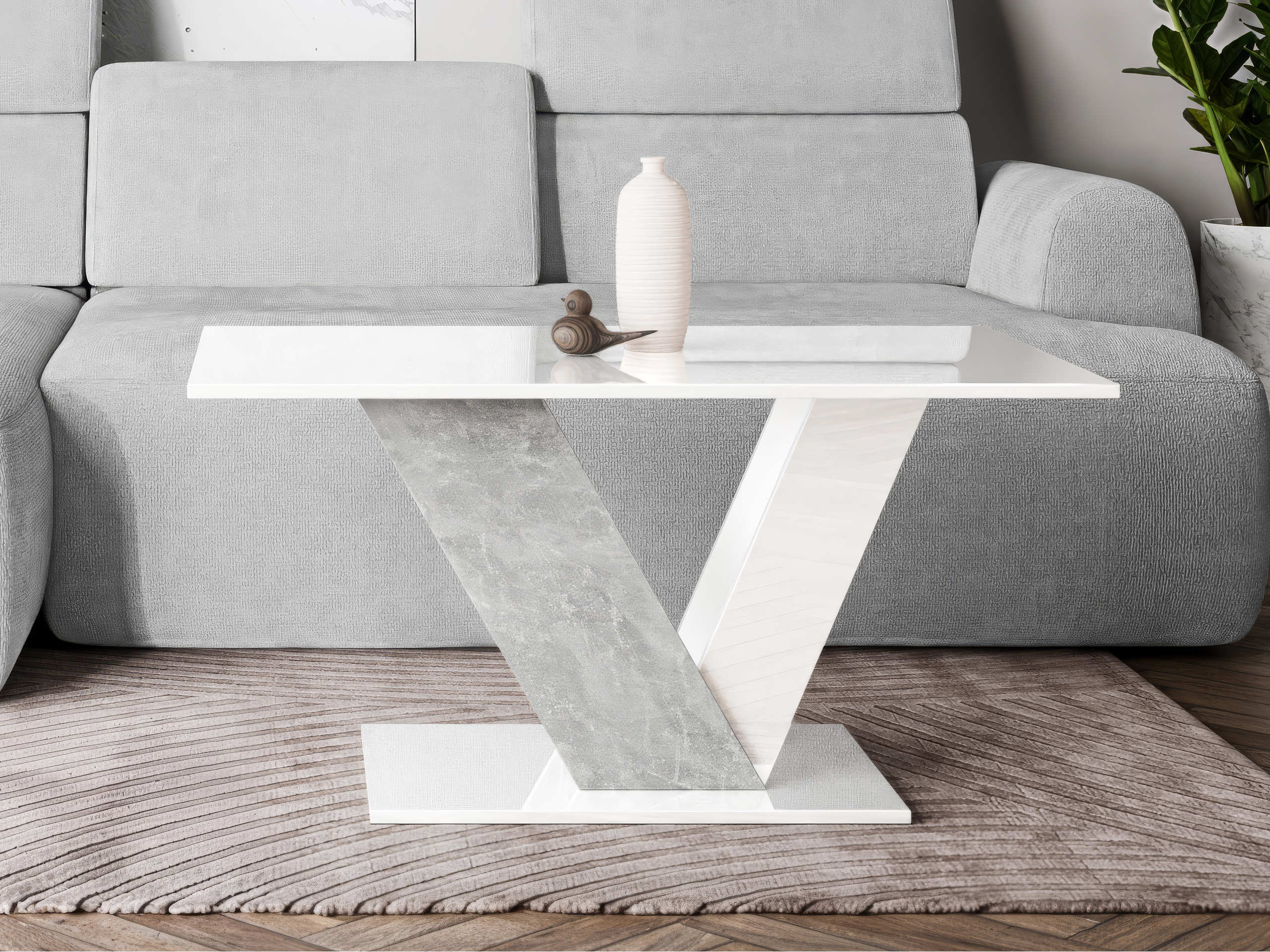 Mesa de centro Goodyear 142 (Branco brilhante + Cimento)