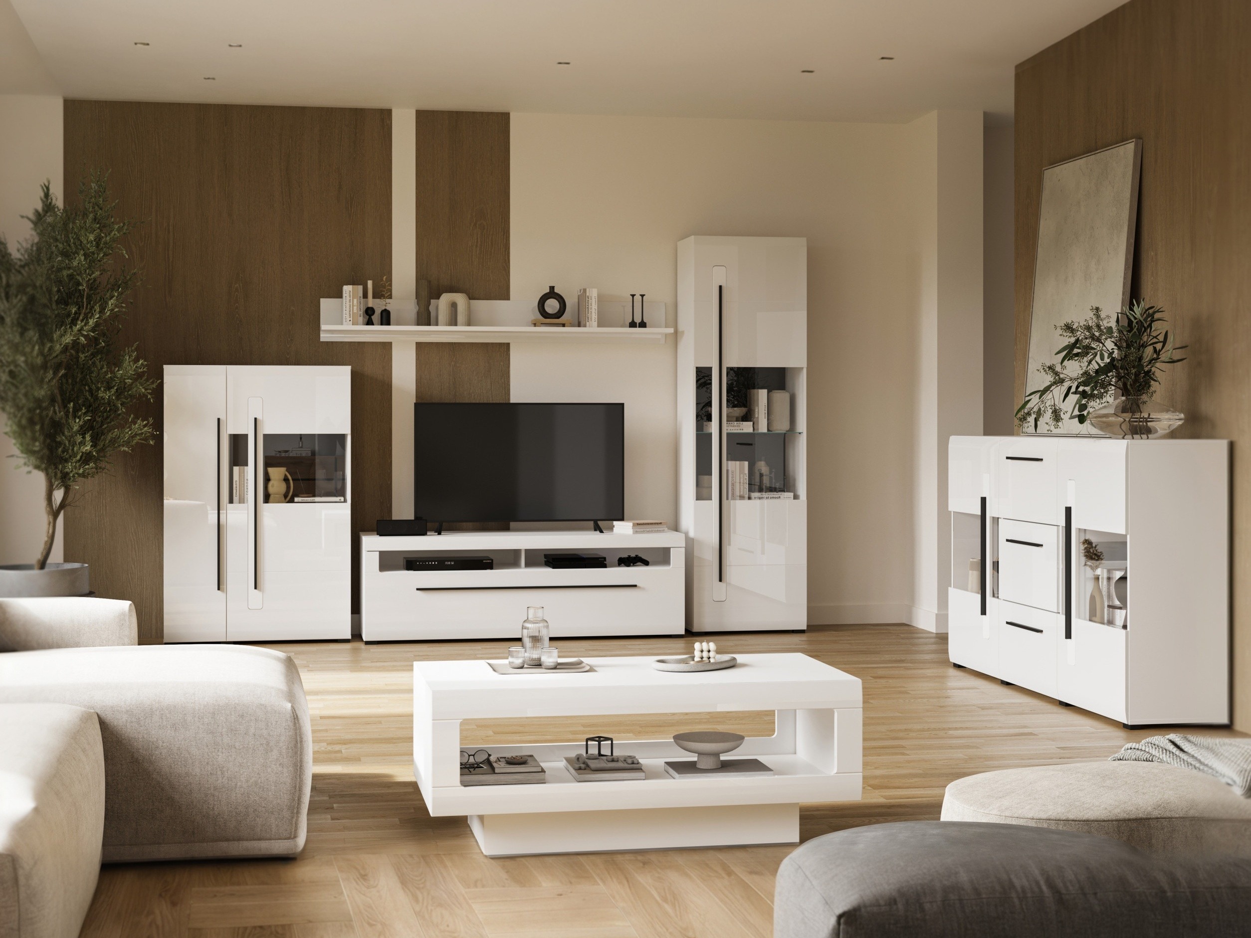Conjunto para sala de estar Ophsalu 112 (Branco + Branco brilhante)