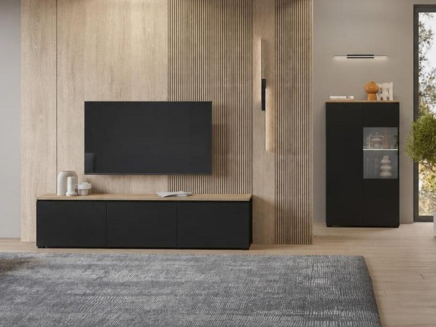 Conjunto para sala de estar Baletu 114 (Preto + Carvalho)