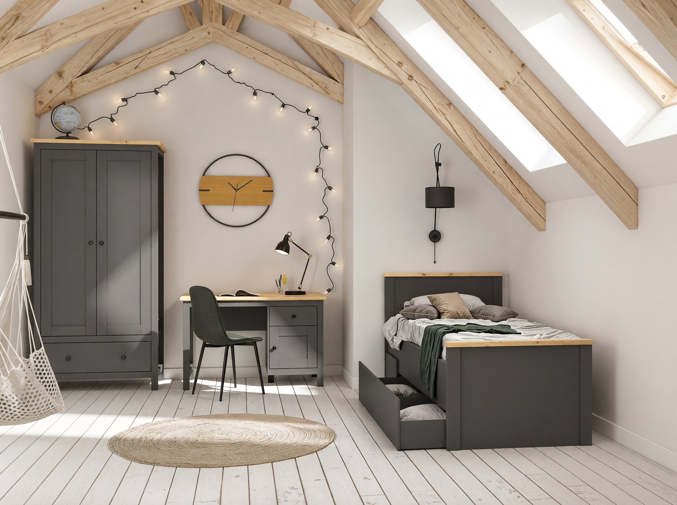 Cama Sordoro 132 (Grafite + Carvalho Artisan)