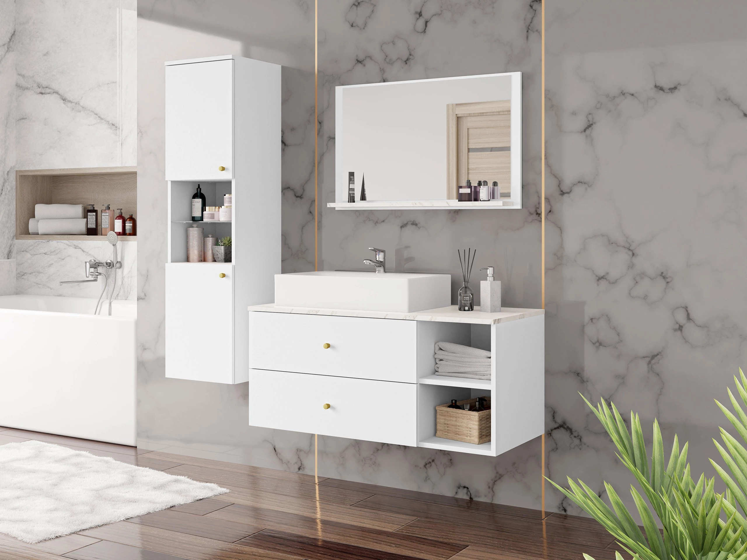 Espelho para casa de banho Salus (Branco + Marmore branco)