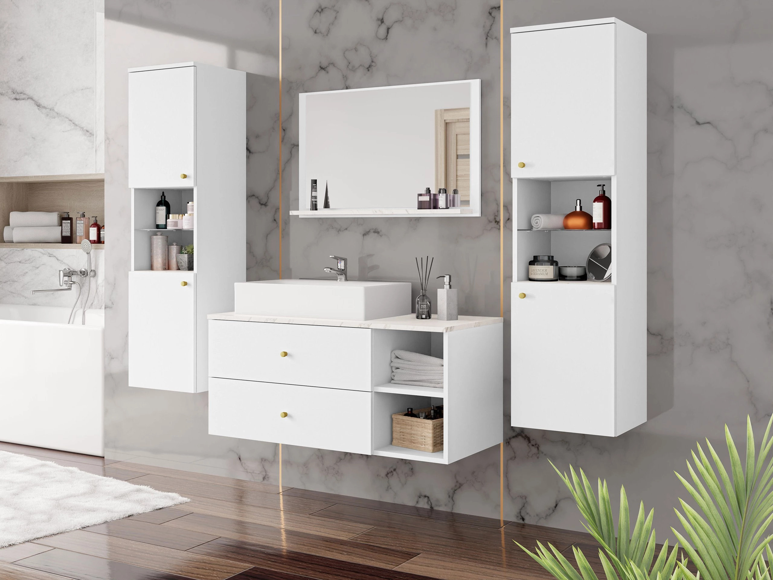 Armário suspenso para casa de banho para lavatório Salus (Branco + Marmore branco)