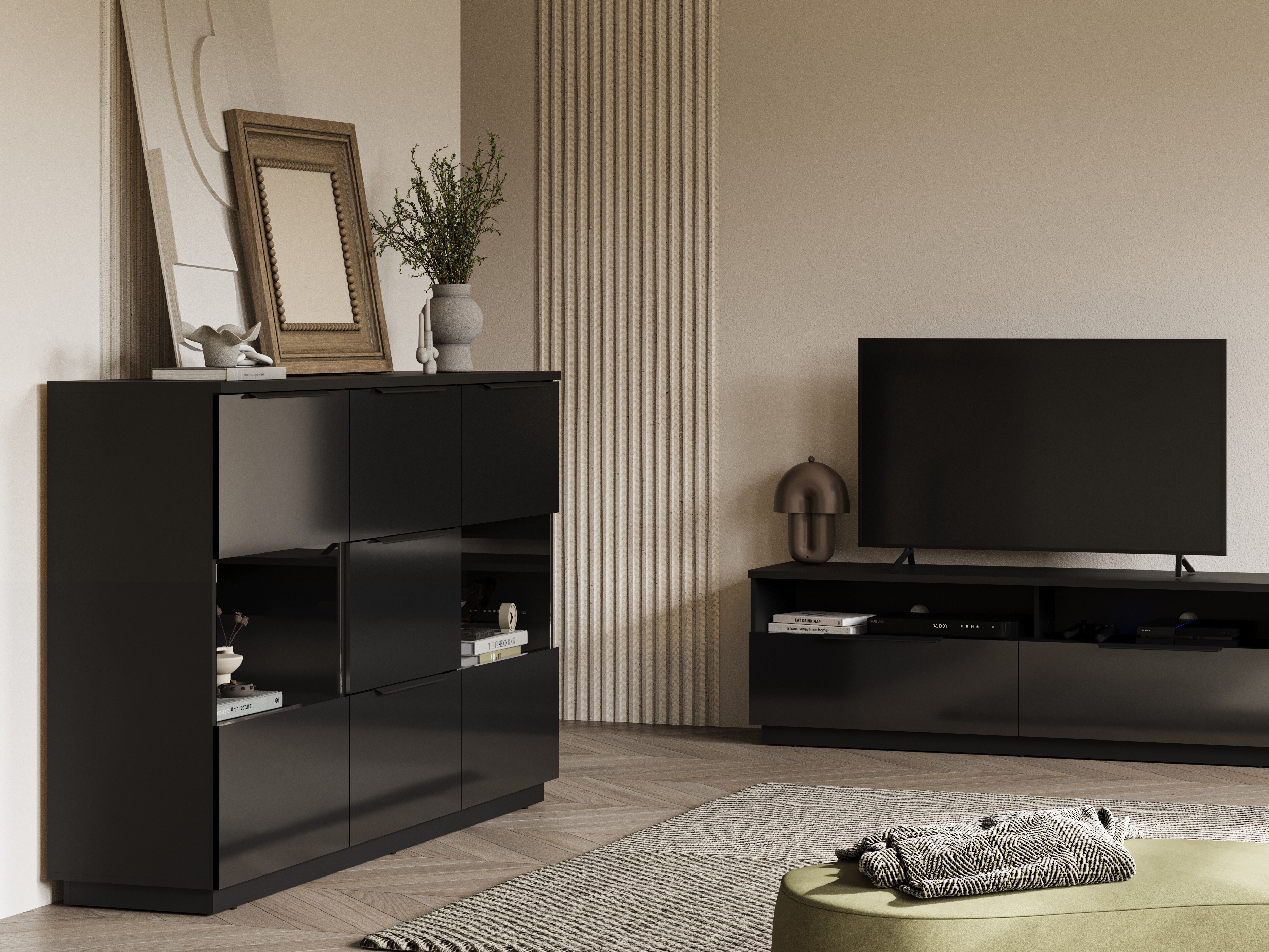 Cómoda Talevaro 105 (Preto + Preto brilhante)