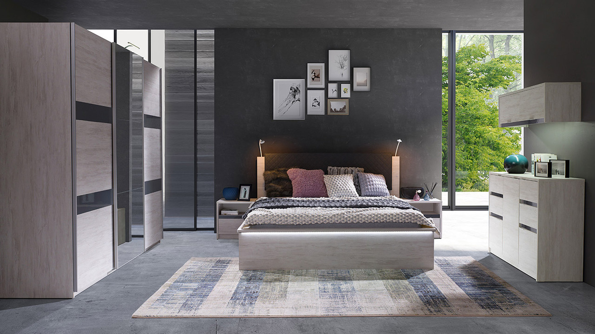 Conjunto para quarto Fivelbo 120 (Carvalho branqueado + Grafite brilhante)