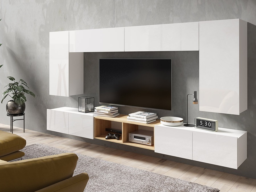 Conjunto para sala de estar Remus XXIII (Branco + Branco brilhante + Carvalho dourado)
