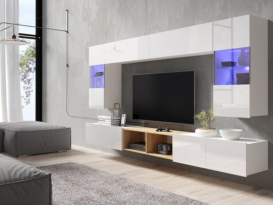 Conjunto para sala de estar Remus XXIV (Branco + Branco brilhante + Carvalho dourado)