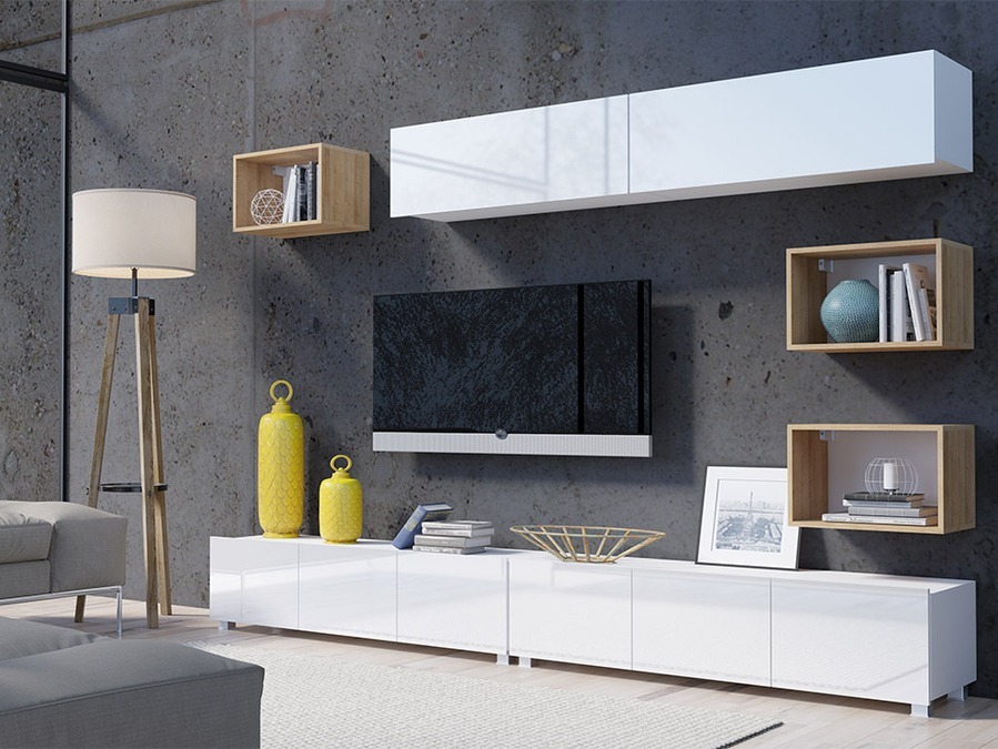 Conjunto para sala de estar Remus XXXI (Branco + Branco brilhante + Carvalho dourado)