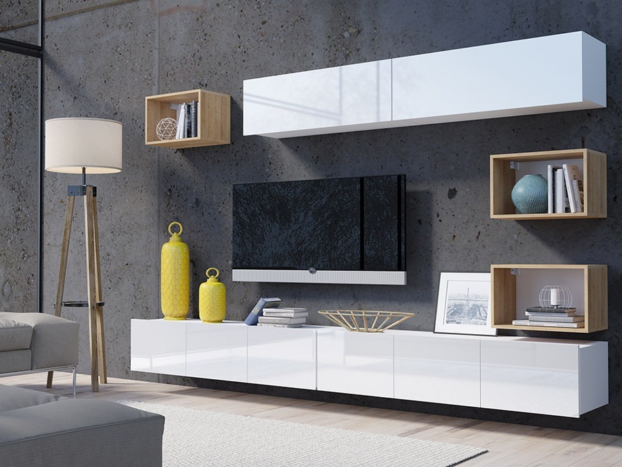 Conjunto para sala de estar Remus XXXI (Branco + Branco brilhante + Carvalho dourado)