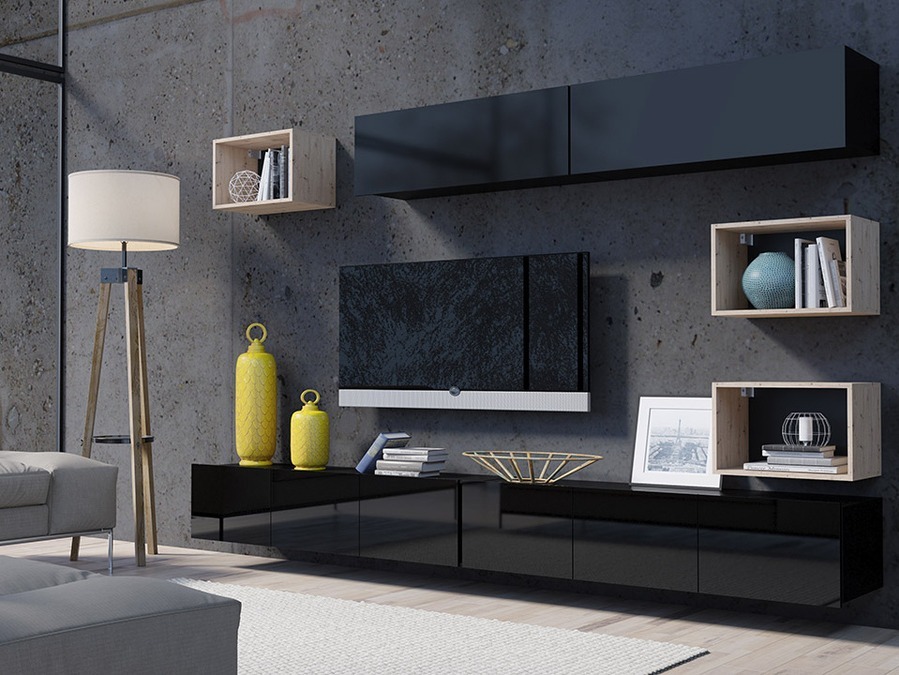 Conjunto para sala de estar Remus XXXI (Preto + Preto brilhante + Carvalho Artisan)